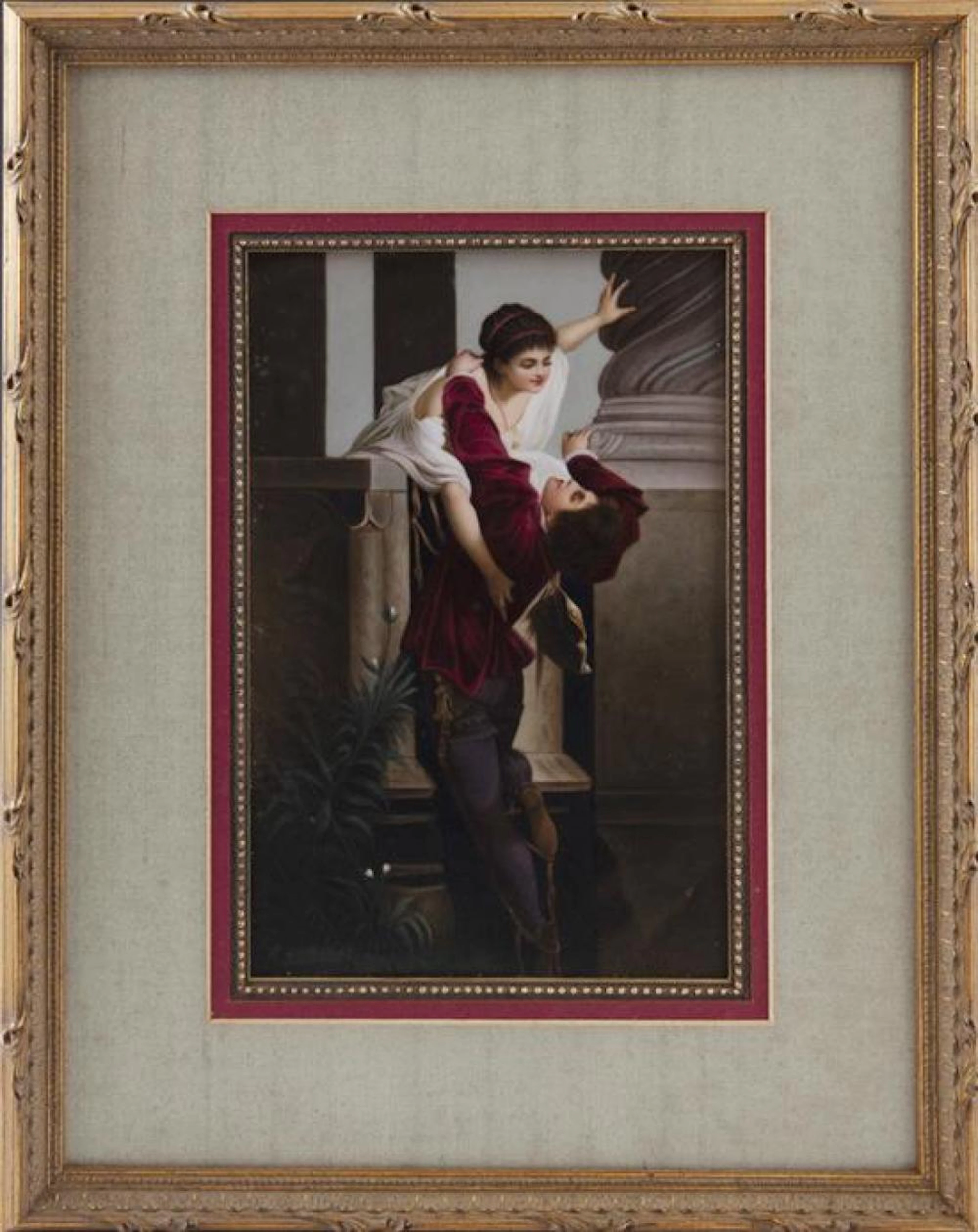 After Hans W. Makart (1840-1884), "Romeo and Juliet," 19th c., Vienna porcelain plaque, perhaps KPM, signed lower left, presented in...