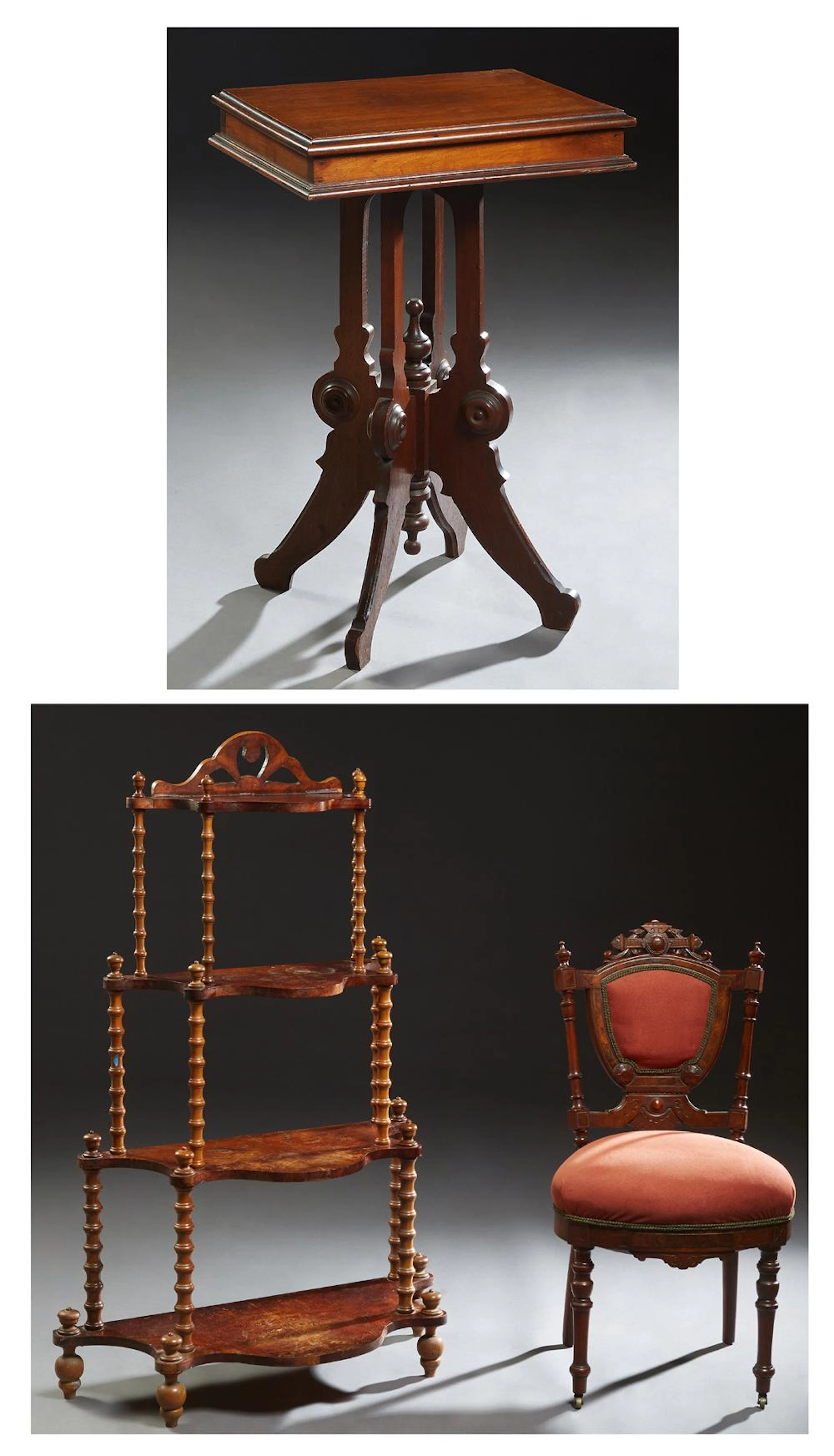 Three Pieces of American Victorian Furniture, late 19th c., consisting of a stepped spindled walnut bowfront etagere; an Eastlake wa...