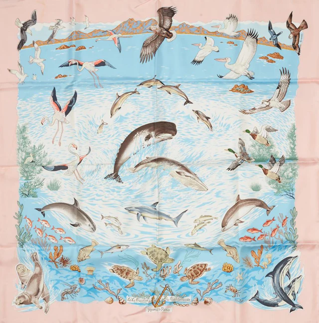 Hermes 'La Vie Precieuse de la Mediterranee' Silk Scarf, by Robert Dallet, first issued in 1992, with signature hand rolled edges, H.