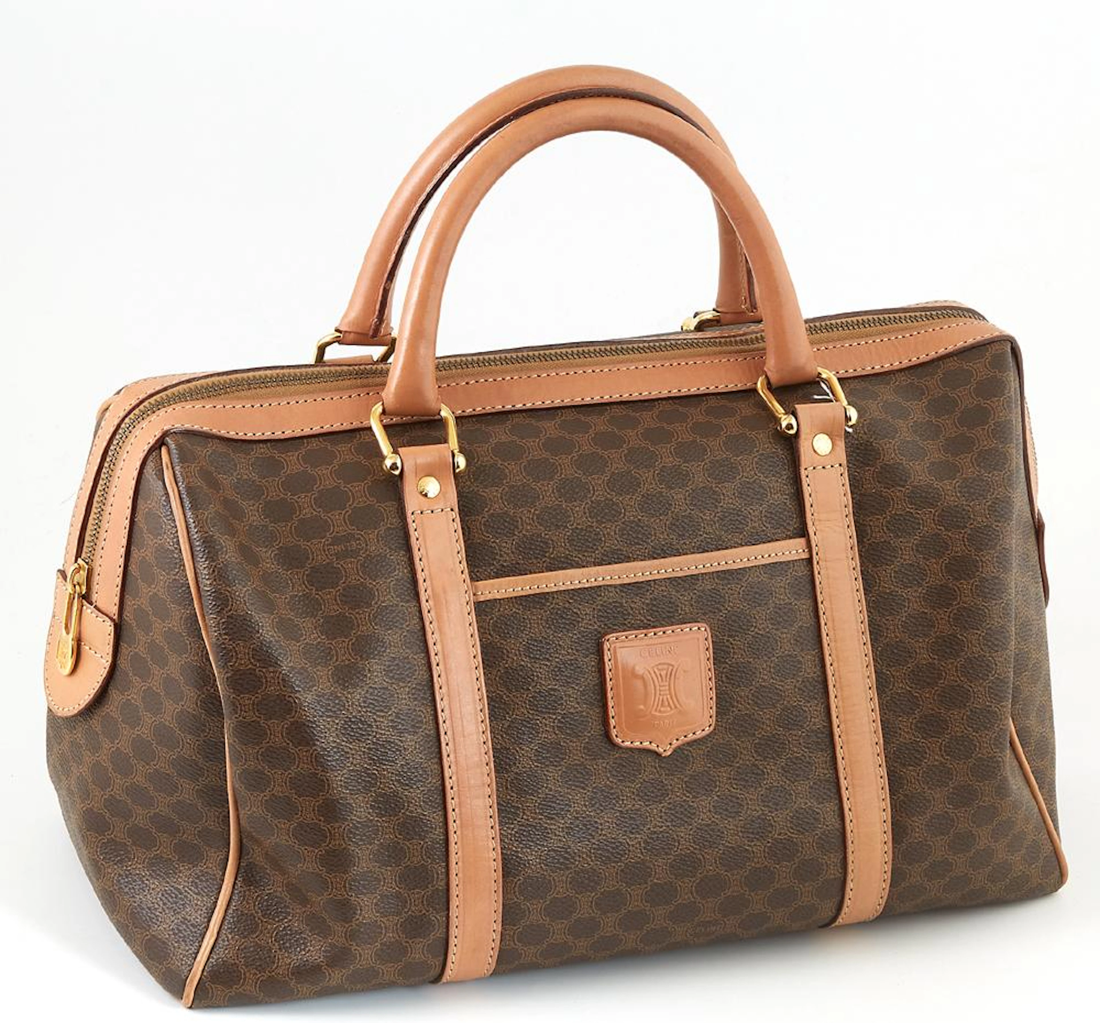 Celine Brown Macadam Coated Canvas MM Vintage Boston Handbag, the exterior front with an open pouch and Celine emblem, the light bro...