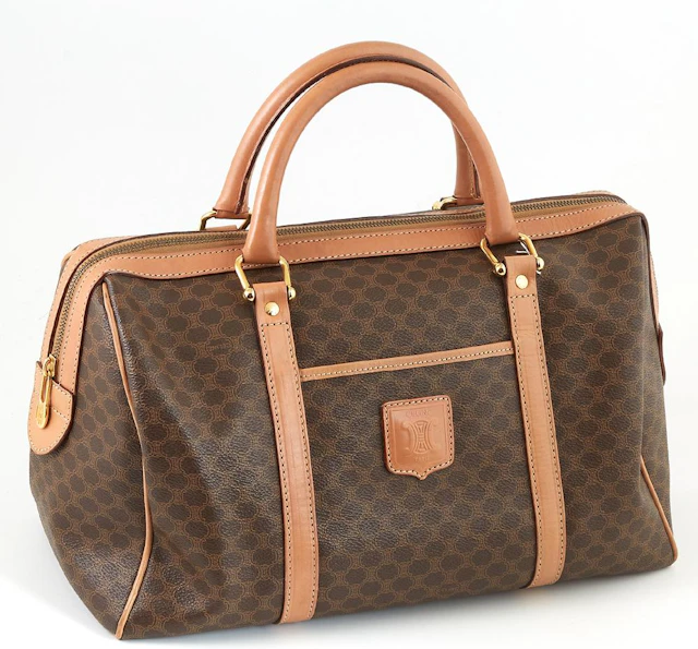 Celine Brown Macadam Coated Canvas MM Vintage Boston Handbag, the exterior front with an open pouch and Celine emblem, the light bro...
