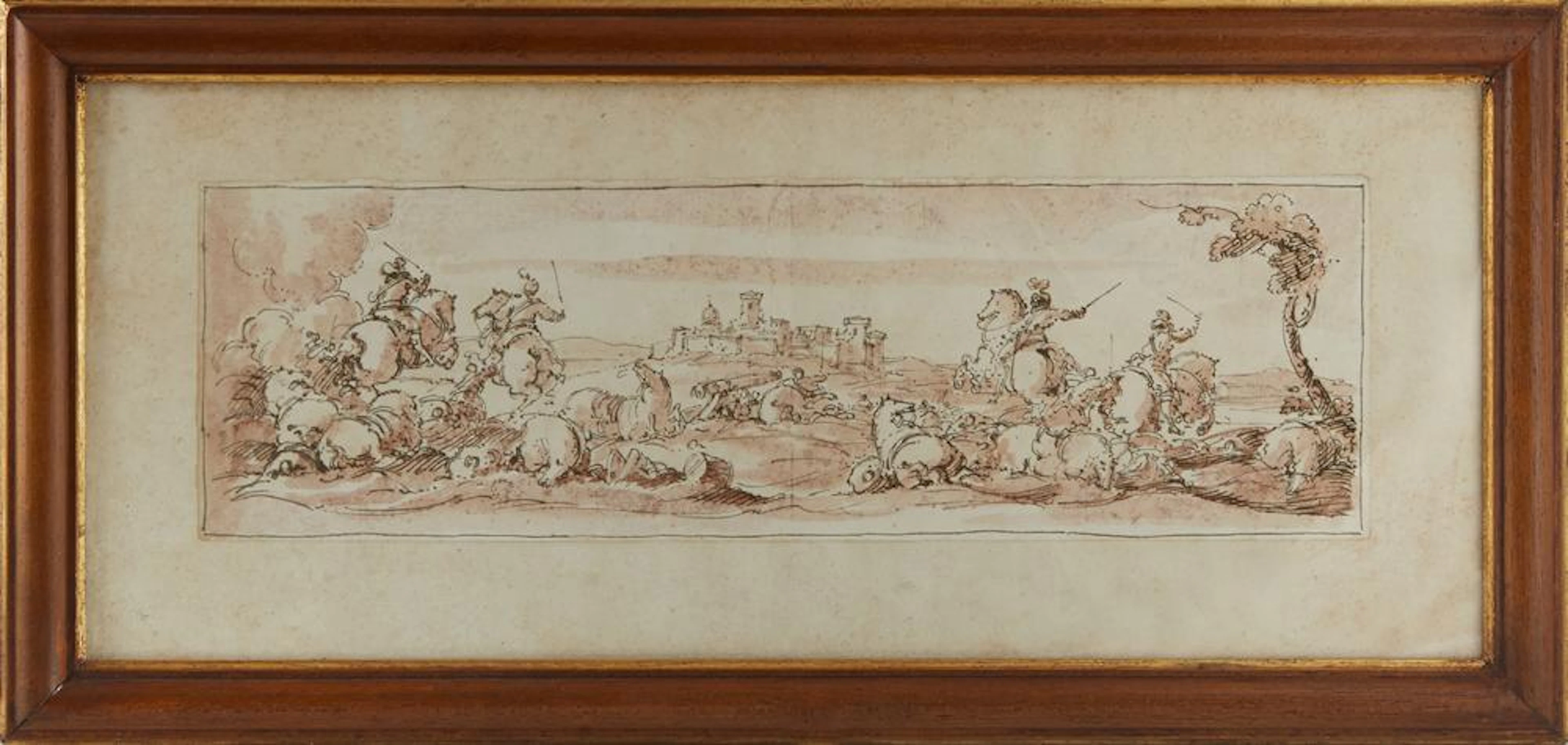 †European School, "Battle Scene," 18th c., sanguine watercolor and ink, verso with a label for "Daisy Mei G. Stampe E Disegni Antichi..