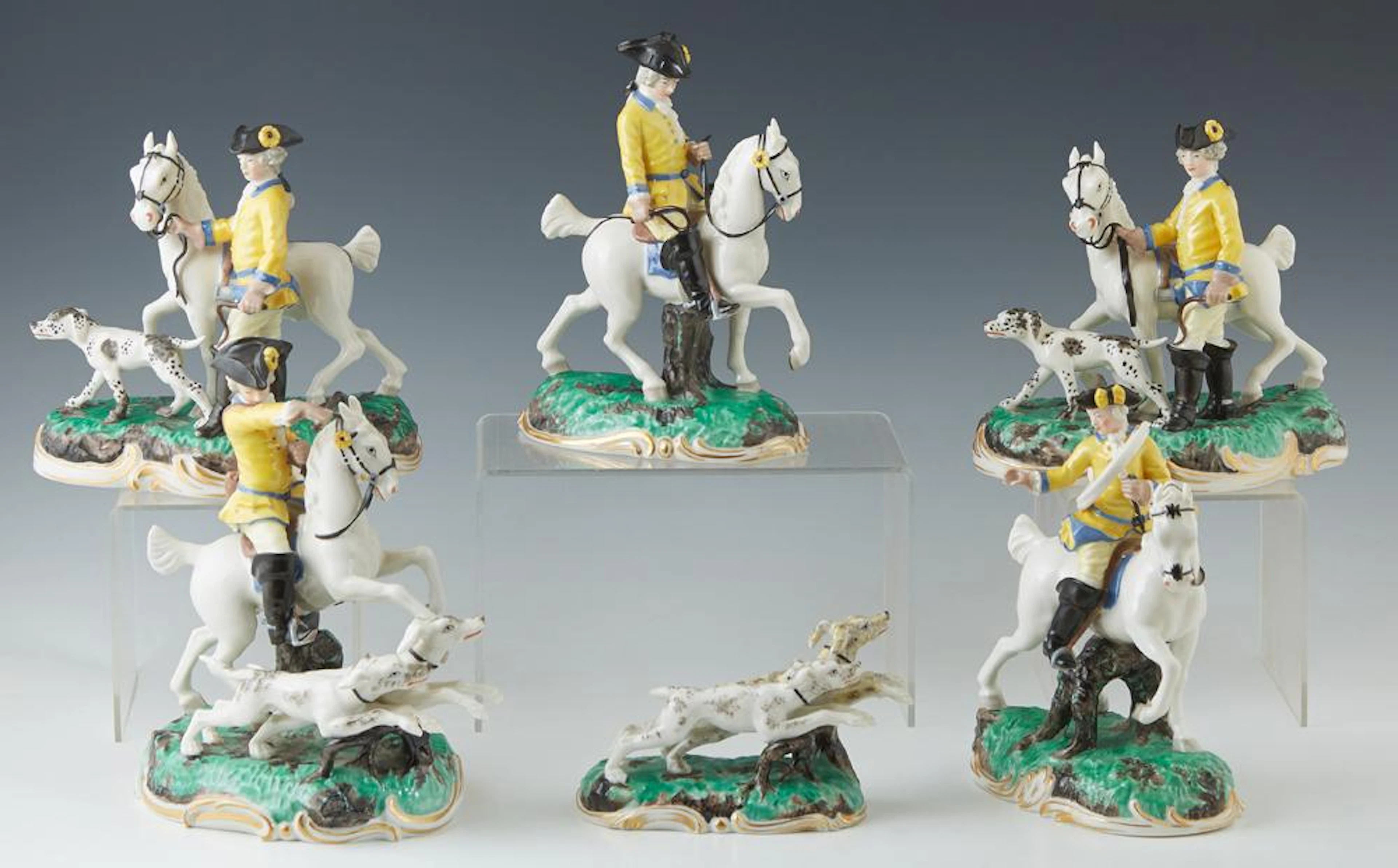 Six Piece German Mounted Hunt Party Porcelain Figural Groups, c. 1960, by Frankenthal, reproductions of the original 1770 porcelain ...