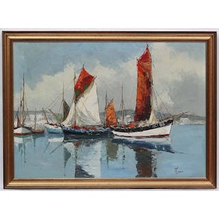 Bernard Laarhoven (1912-?) Dutch Marine School, Oil on canvas, ' Small Fisher Harbour at the Channel Coast ', Signed lower right and inscribed verso with title etc