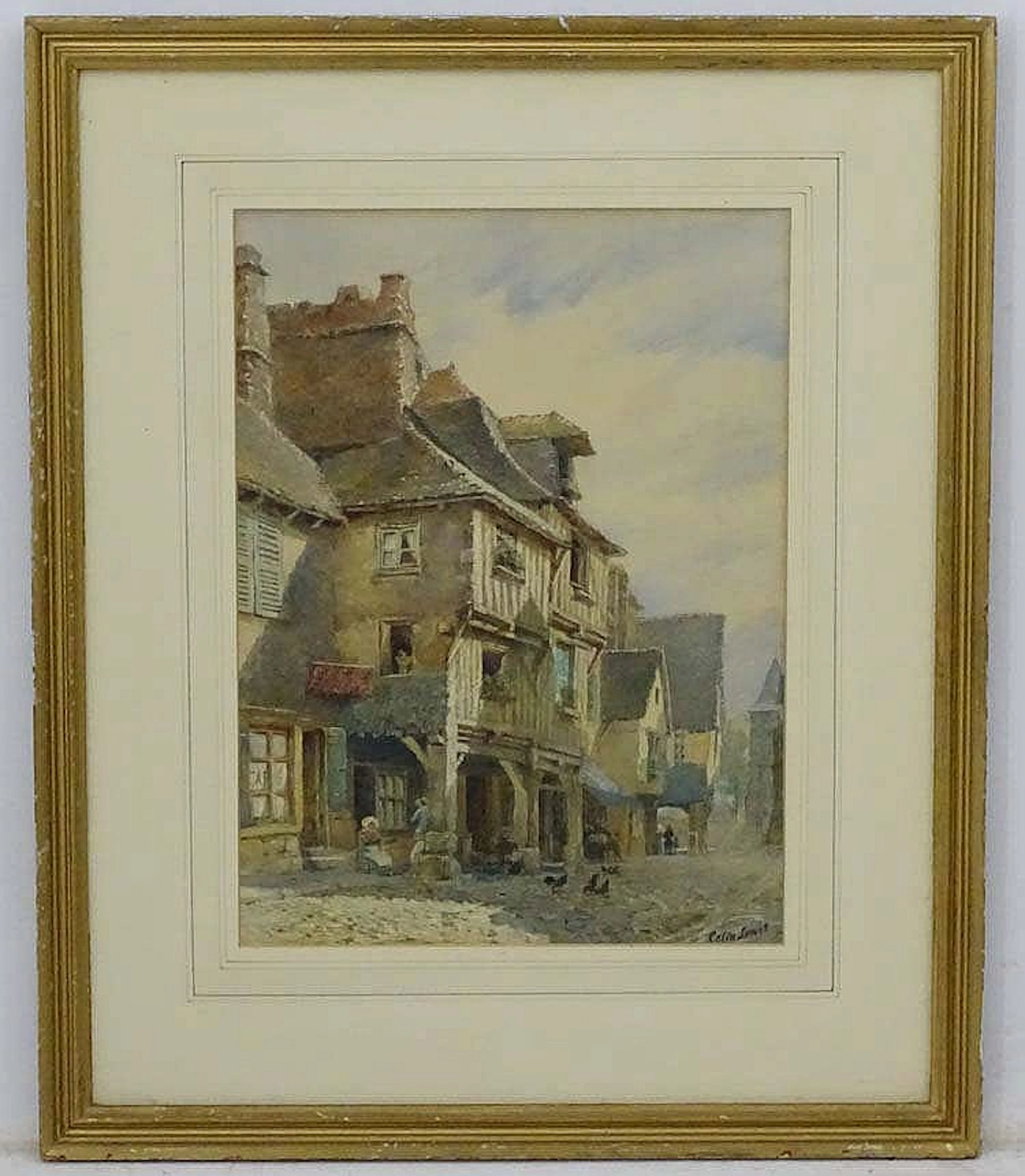 Celia Lewis mid XX, Watercolour, Continental Tudor period building with fig