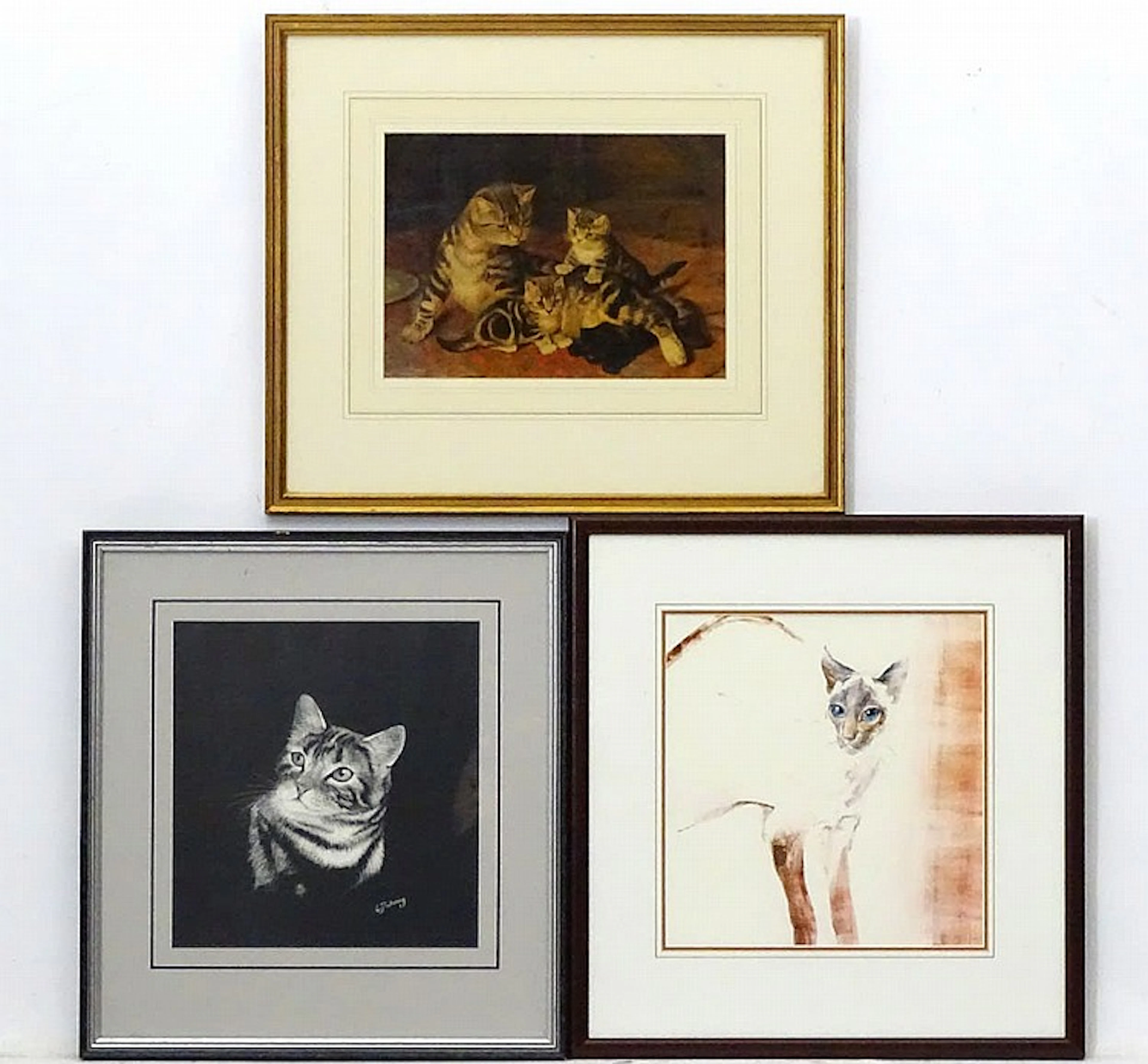 Cats x 3, L J Waring, Scaperboard , Facsimile sign