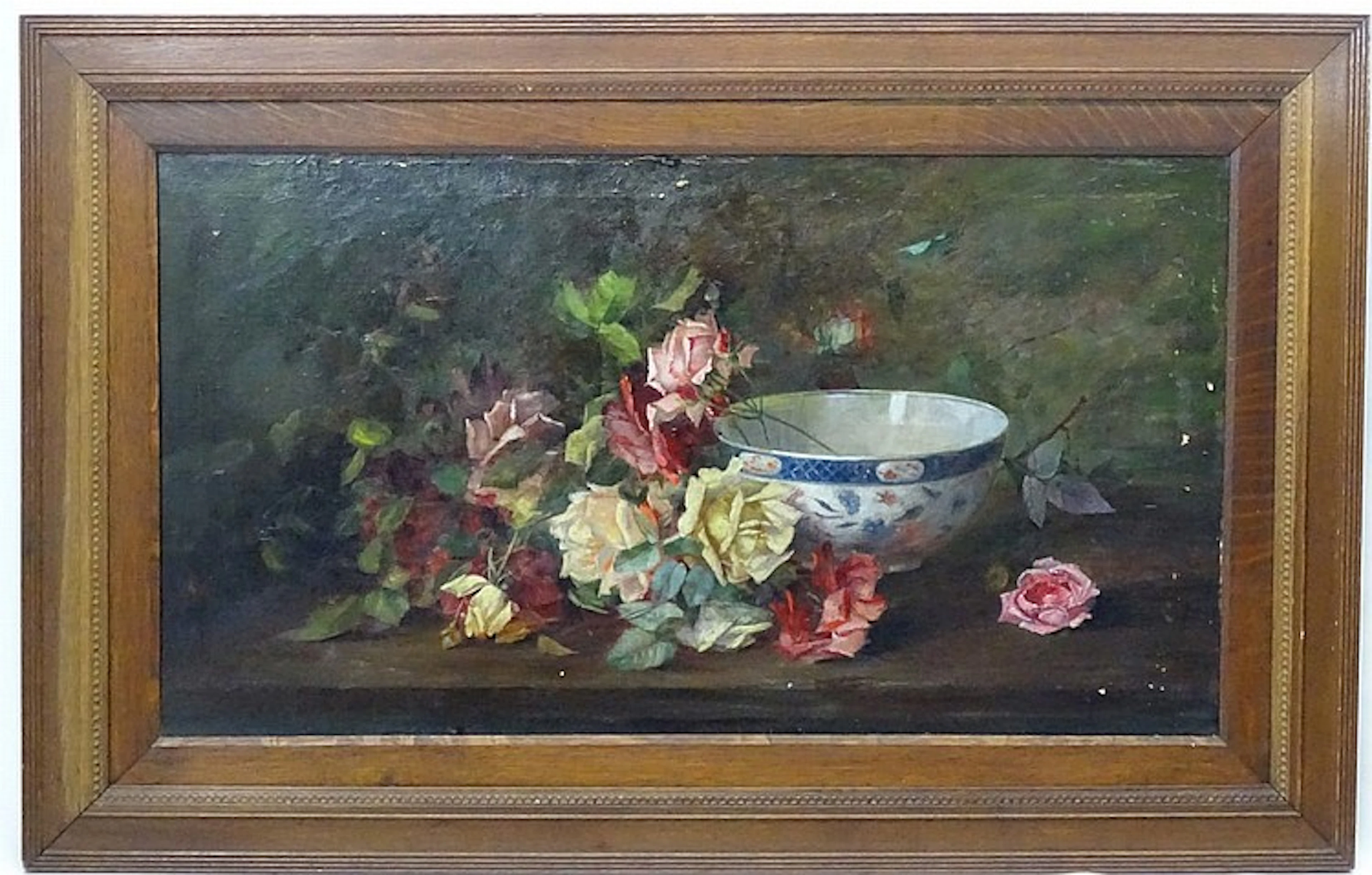 English School c 1900, Oil on canvas, Still life of roses and porcelain bow