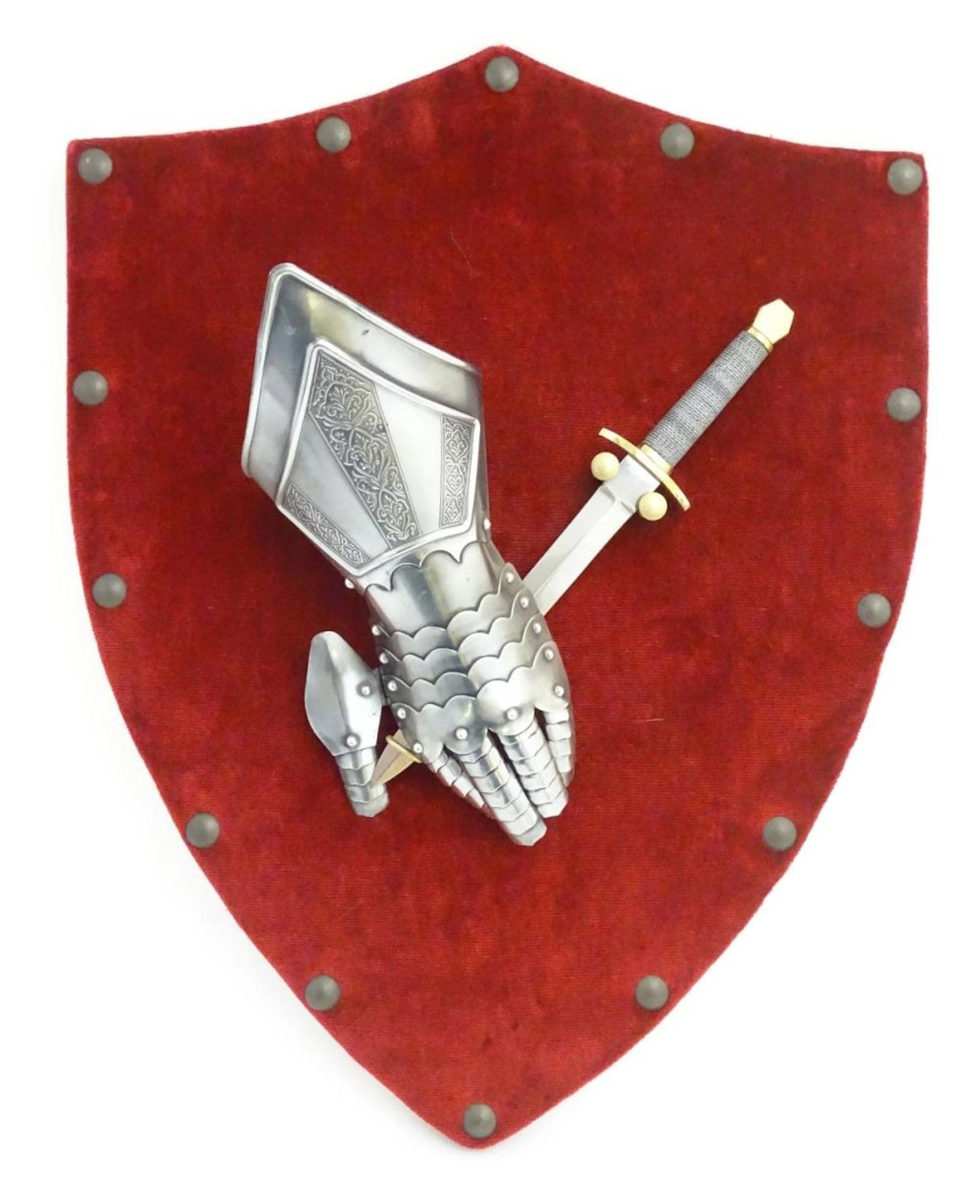 A 20thC wall display of medieval style knights' arms & armour, comprising dagger and gauntlet affixe
