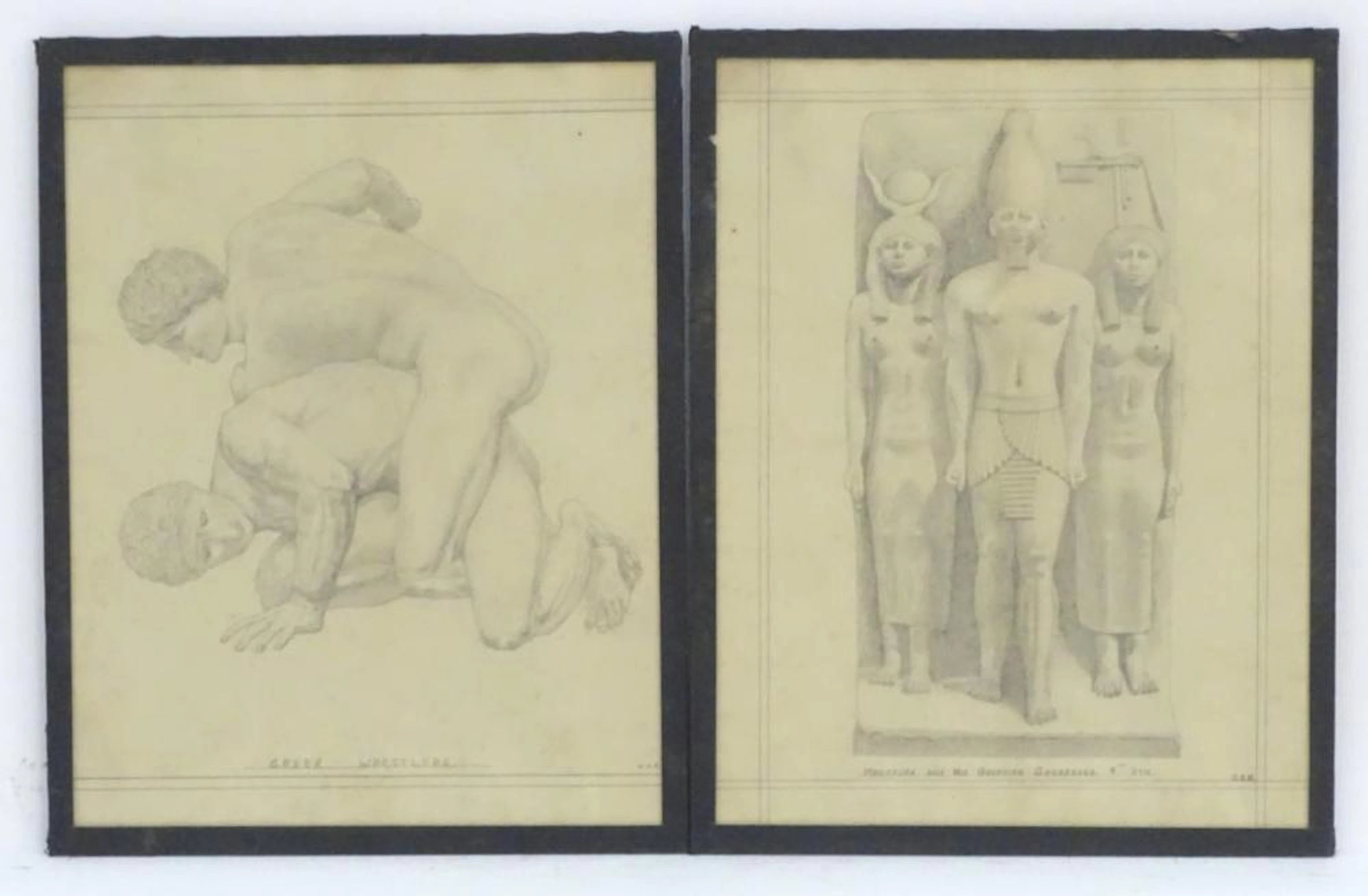 C.S.B., XX, Pencil on paper, A study of the Greek sculpture The Wrestlers, together with a study of the Egyptian sculpture of Menkaure and his Guardian Goddesses, 4th Dynasty. Both initialled lower ri