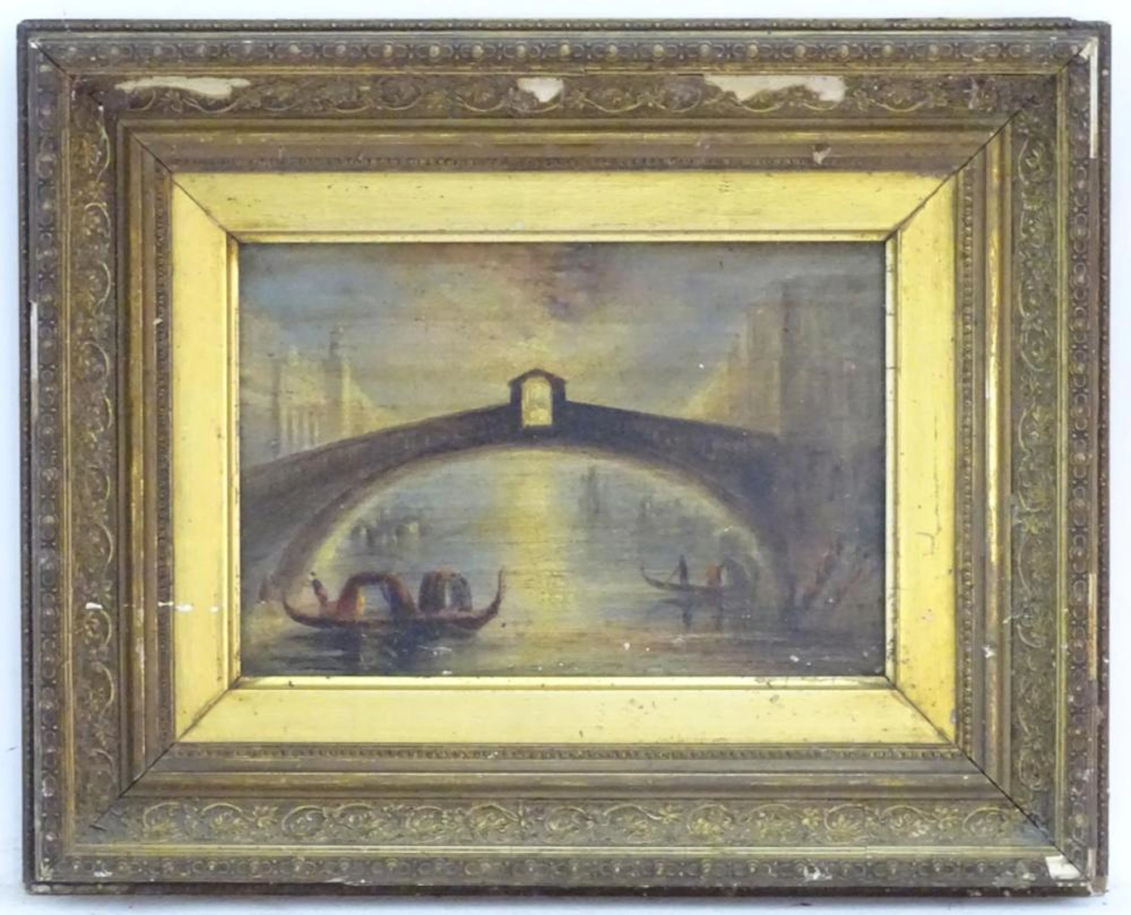 XIX, Venetian School, Oil on board, Rialto Bridge, Venice at sunrise with figures in gondolas. Appro