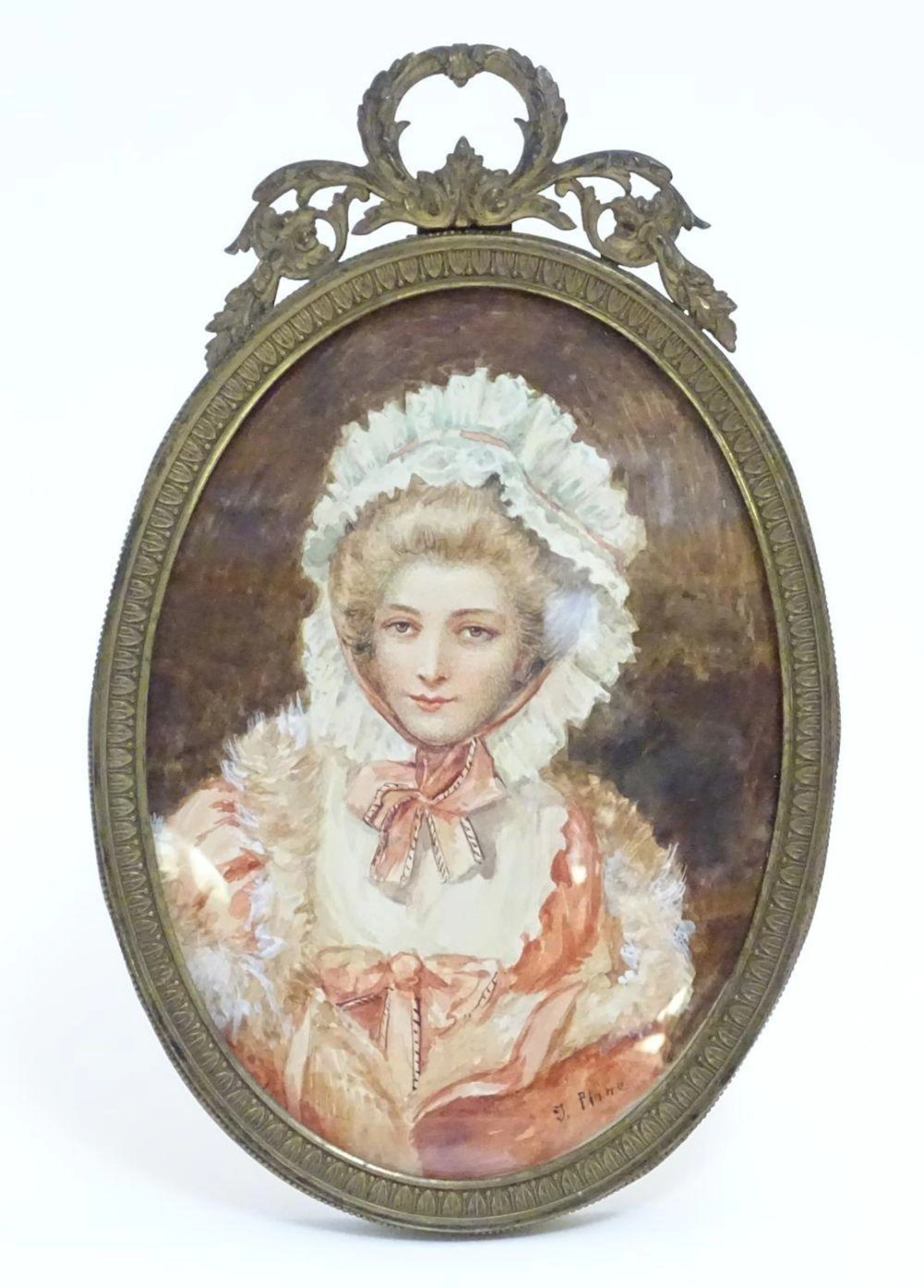 A late 19th / early 20thC watercolour portrait miniature depicting Countess Lavinia Spencer by J. Pl