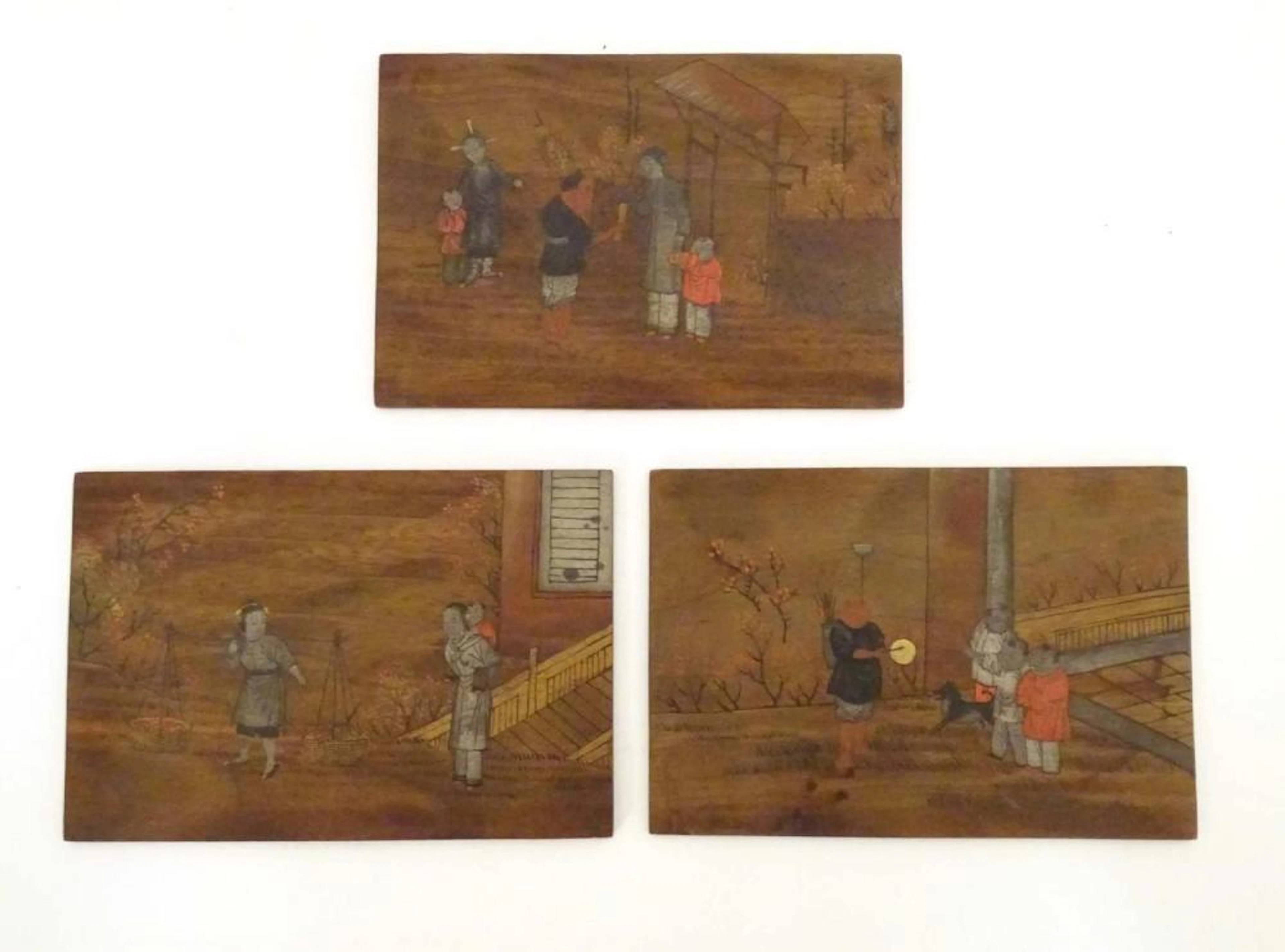 Three Oriental wooden panels with hand painted sce…