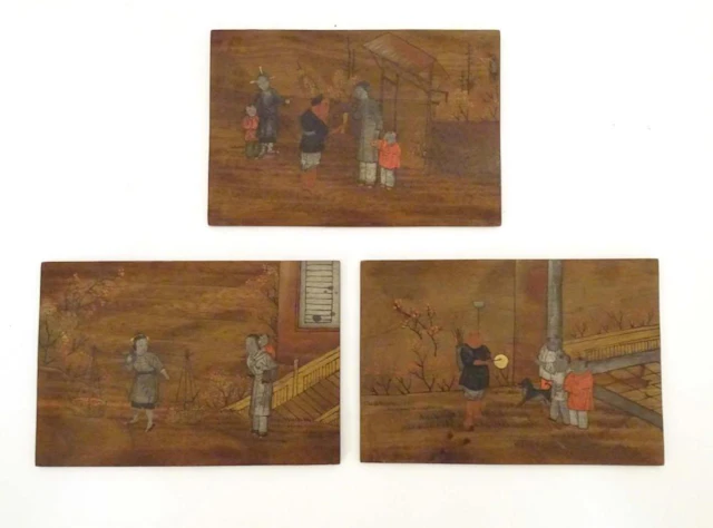 Three Oriental wooden panels with hand painted sce…