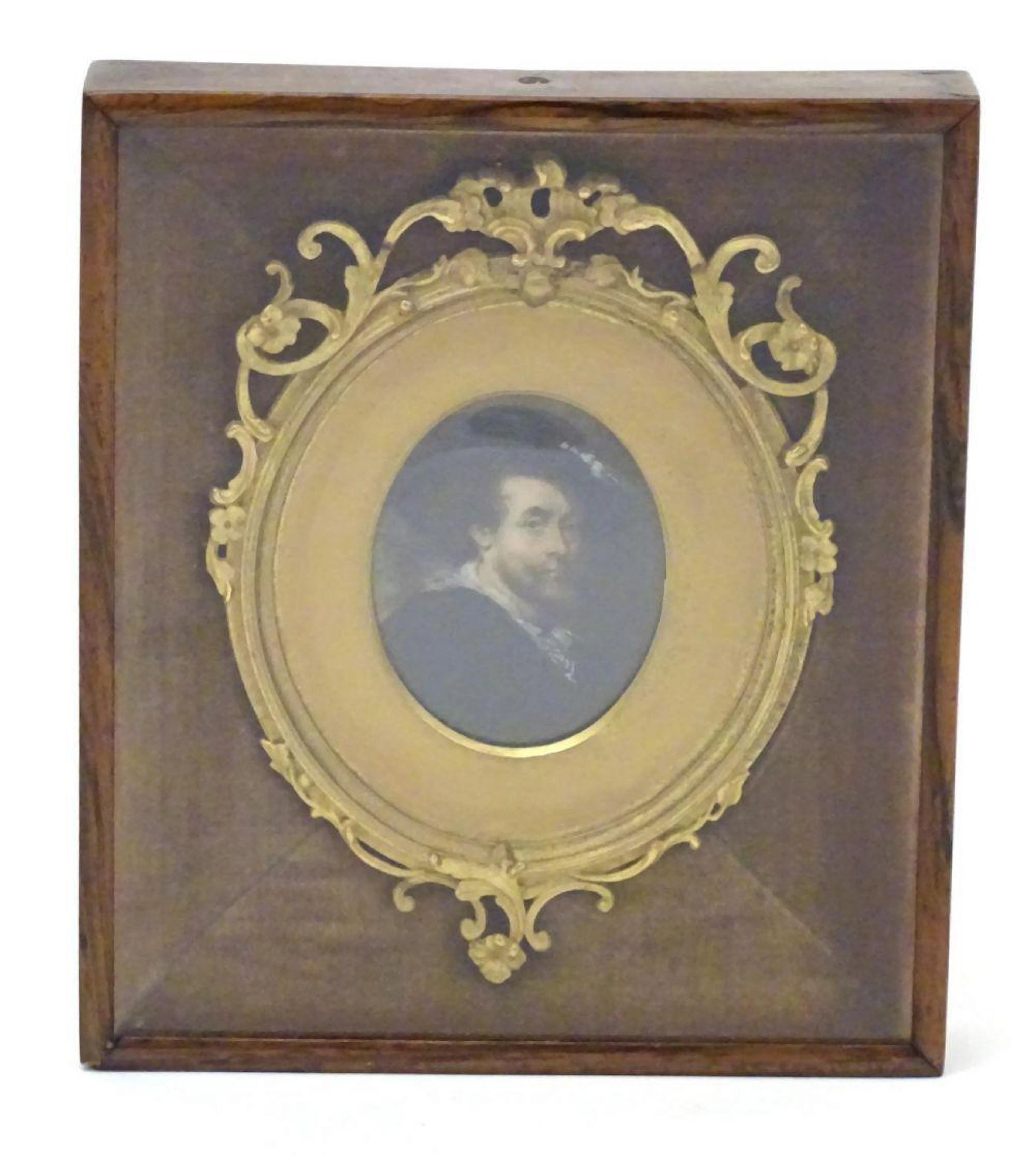 A 19thC oval watercolour and bodycolour portrait miniature after Sir Peter Paul Rubens (1577-1640)'s