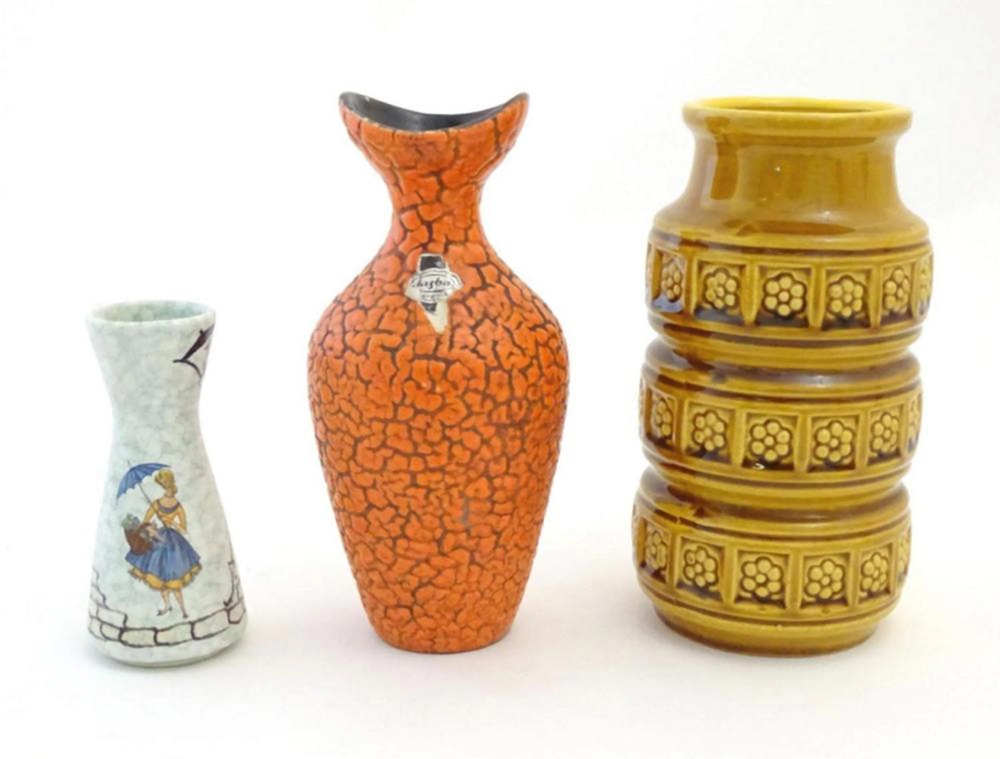 Three West German vases, comprising a Jasba Keramik vase with an orange crackle glaze, a mustard yel