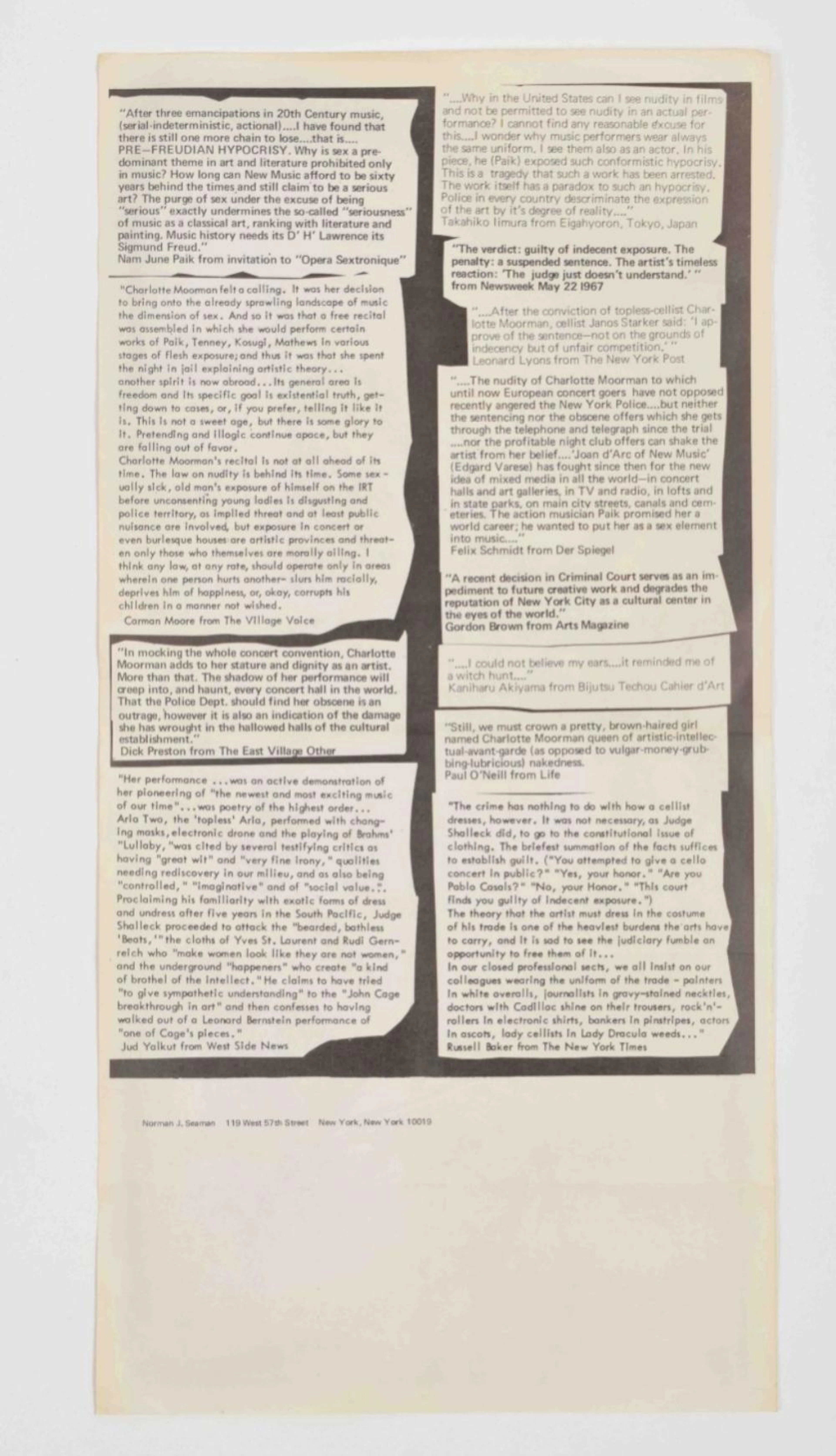 [FLUXUS: SCORES, EVENTS, EPHEMERA] CHARLOTTE MOORMAN AND NAM JUNE PAIK