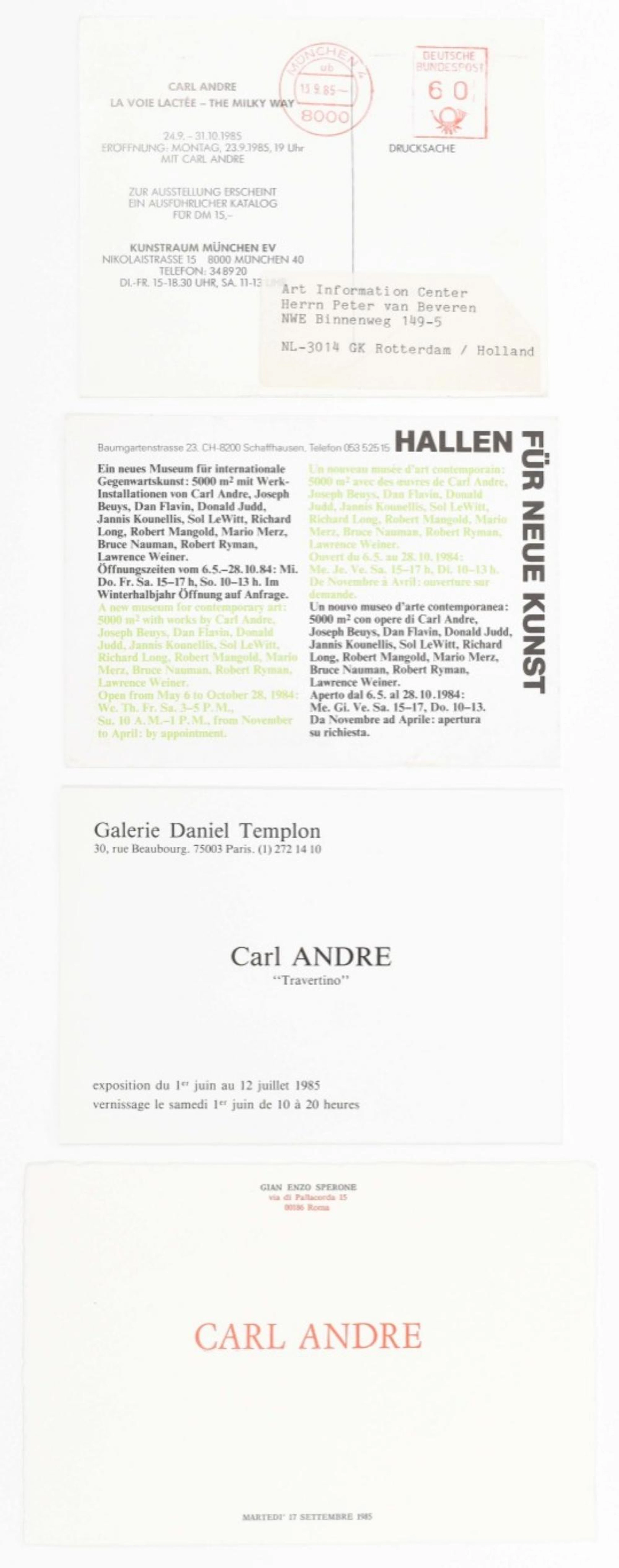 [EPHEMERA] CARL ANDRÉ, EXTENSIVE COLLECTION OF INVITATION CARDS 1981-1989