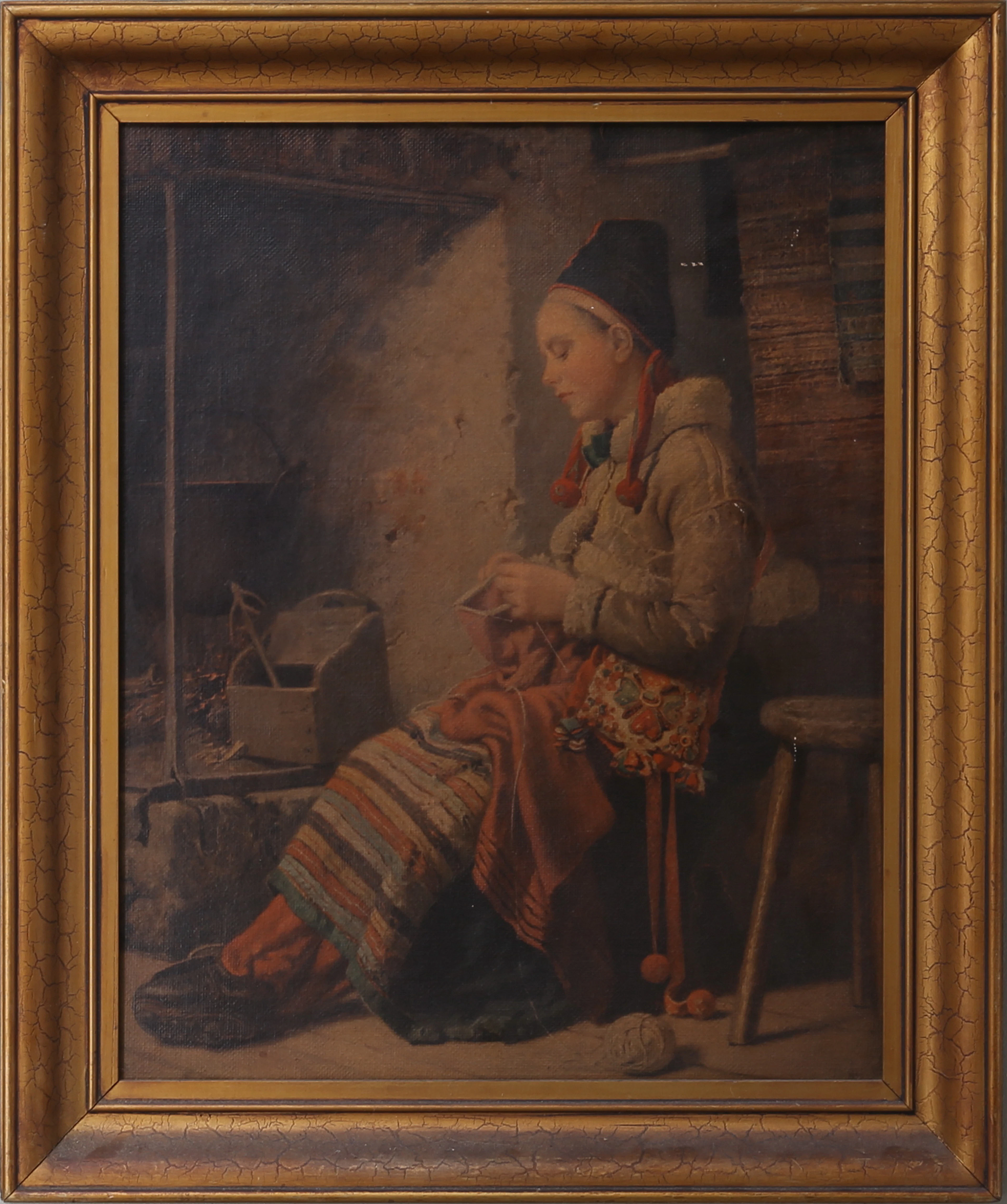 JOHAN FREDRIK HÖCKERT. "Rättvikskulla vid spiseln", kopia, Museikonst, Adolfsberg, Sverige.