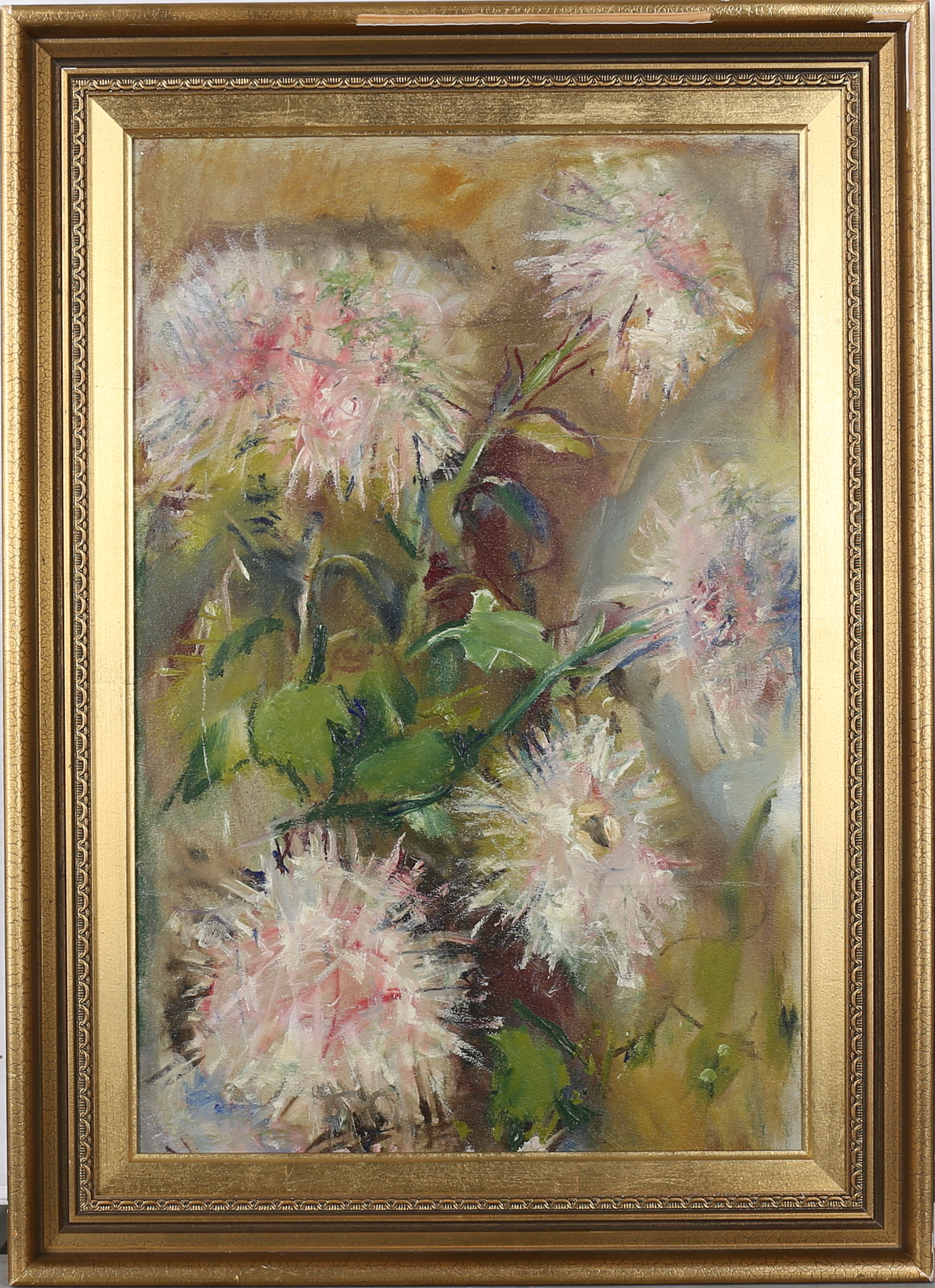 VILHELMINA (MINA) CARLSON-BREDBERG. Attributed to. Blommor. Olja på duk, uppfodrad på pannå, osignerad, intyg a tergo.
