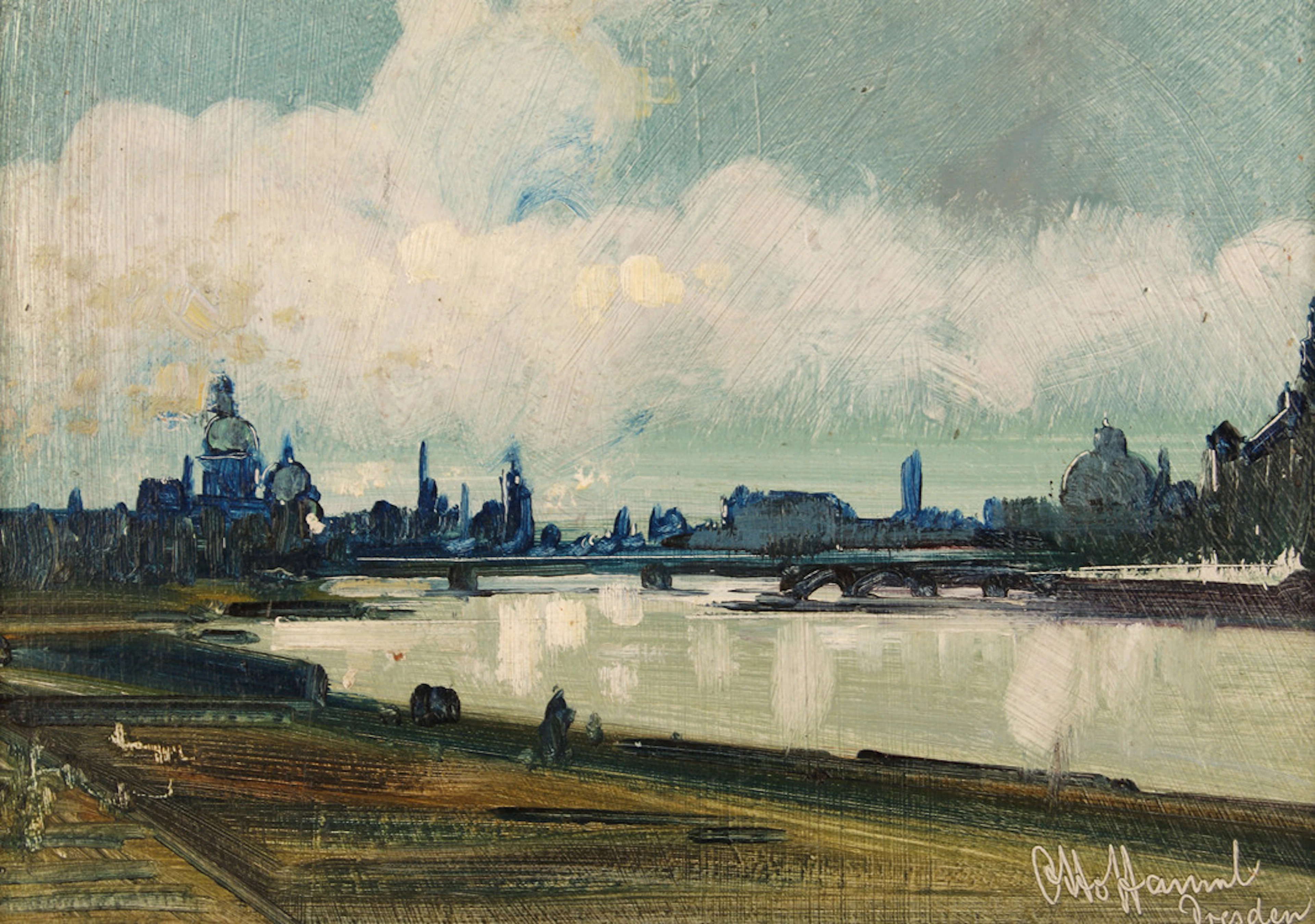HAMEL, OTTO. "Silhouette von Dresden". Öl/Hartfaserplatte. 18 x 24,5 cm. R. u. sign. und ortbez.: Otto Hamel / Dresden. Rahmen.