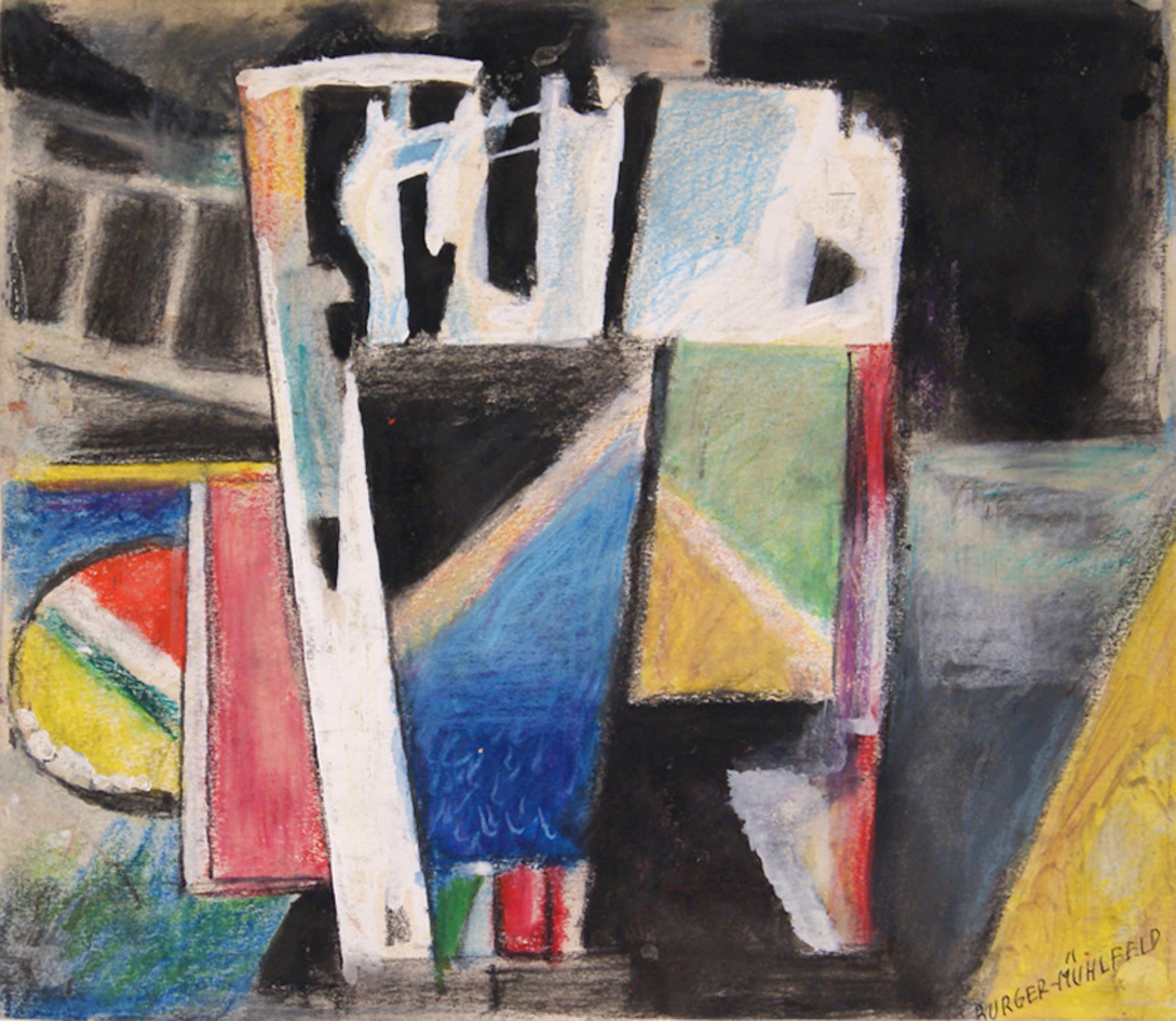 BURGER-MÜHLFELD, FRITZ. (Augsburg 1882 - 1969 Hannover) - "Abstrakte Komposition" - Mischtechnik/dünner Karton. 36,5 x 37,3 cm. R. u. sign.: Burger-Mühlfeld. Verso Ausschnitt einer zweiten abstrakten 