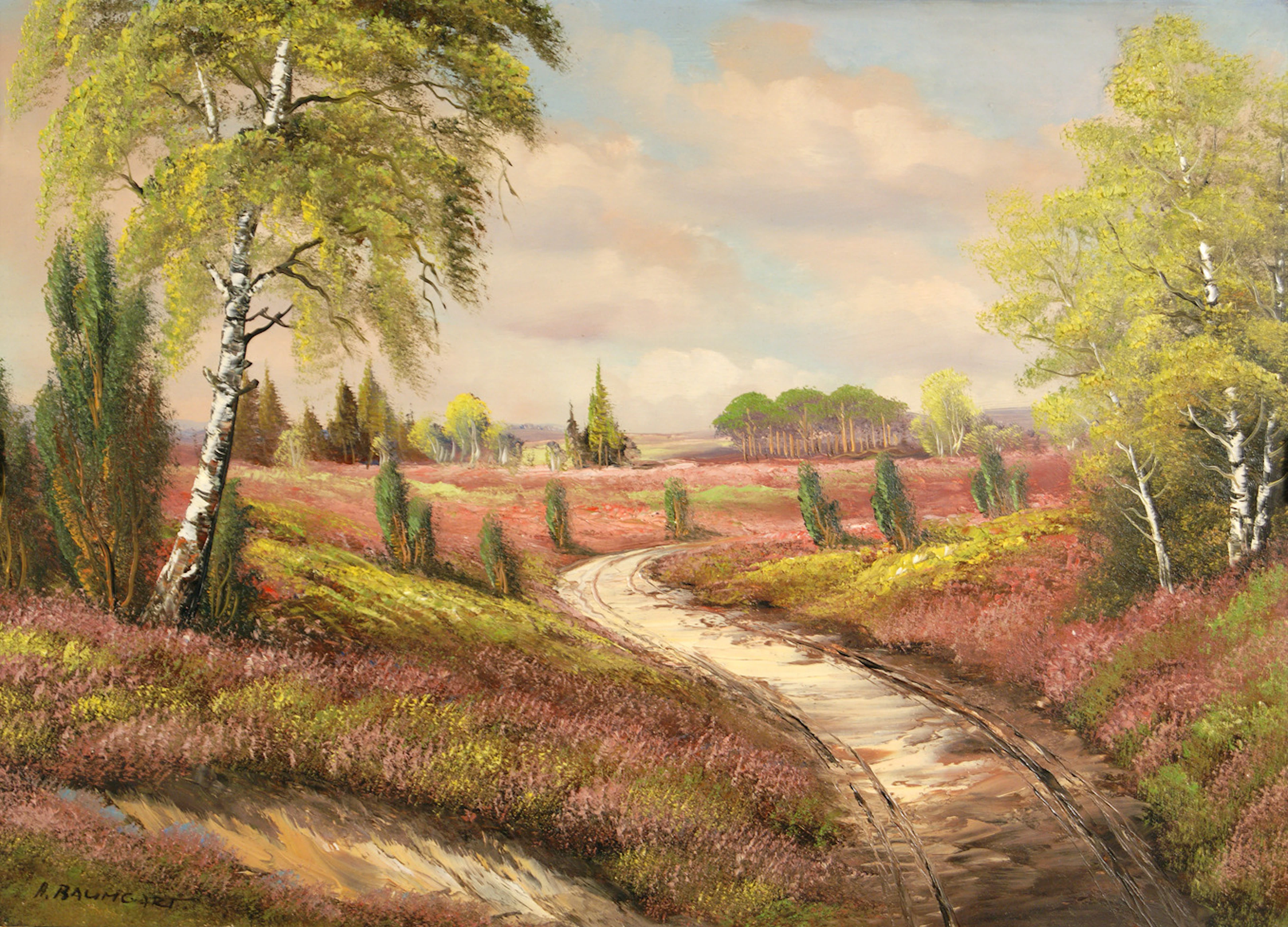 BAUMGART, HORST. "Heideweg". Öl/Hartfaserplatte. 50,5 x 71 cm. L. u. sign.: H.Baumgart. Rahmen.
