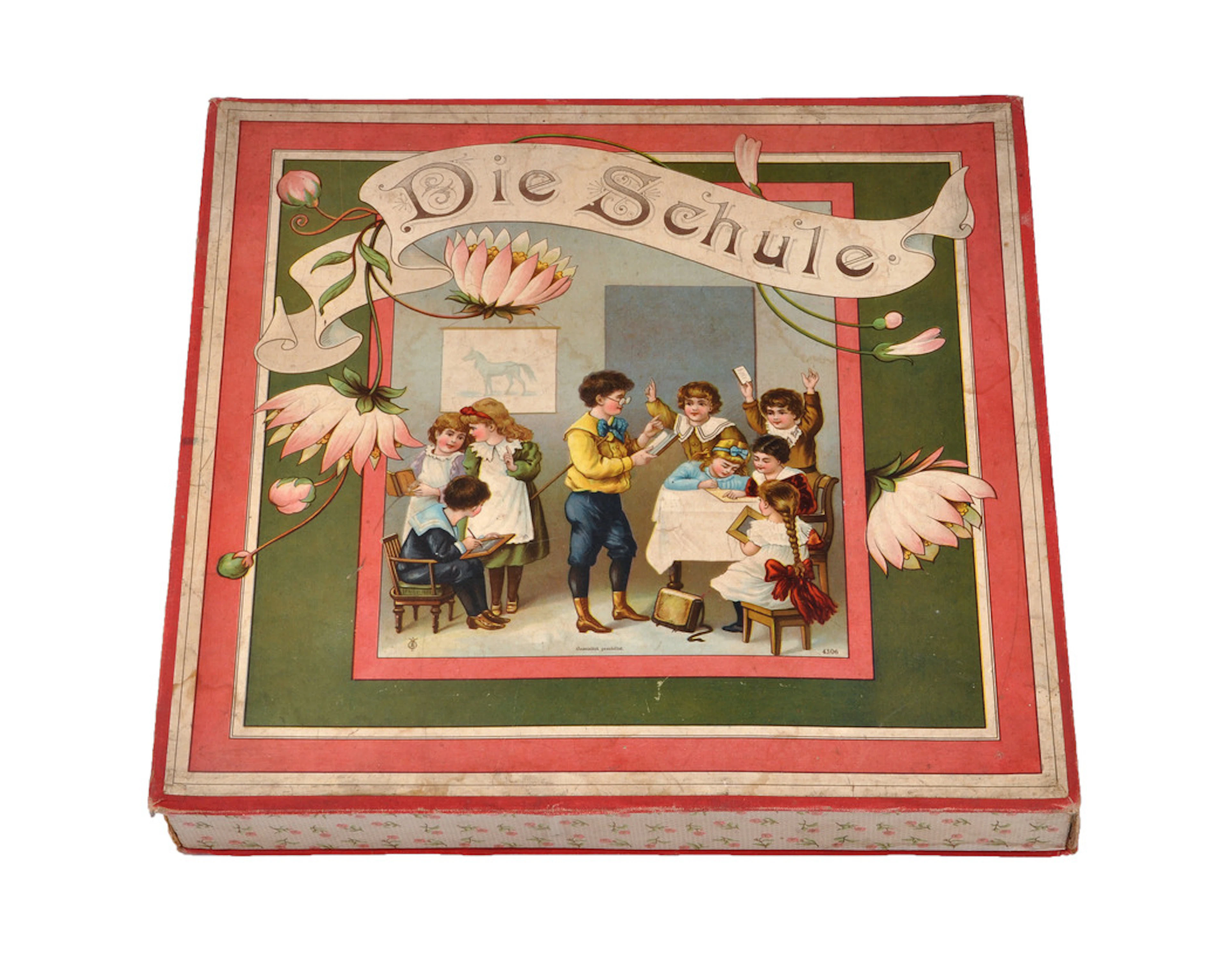"DIE SCHULE". Antikes Spiel, Kinderspielzeug, ca. 1920.