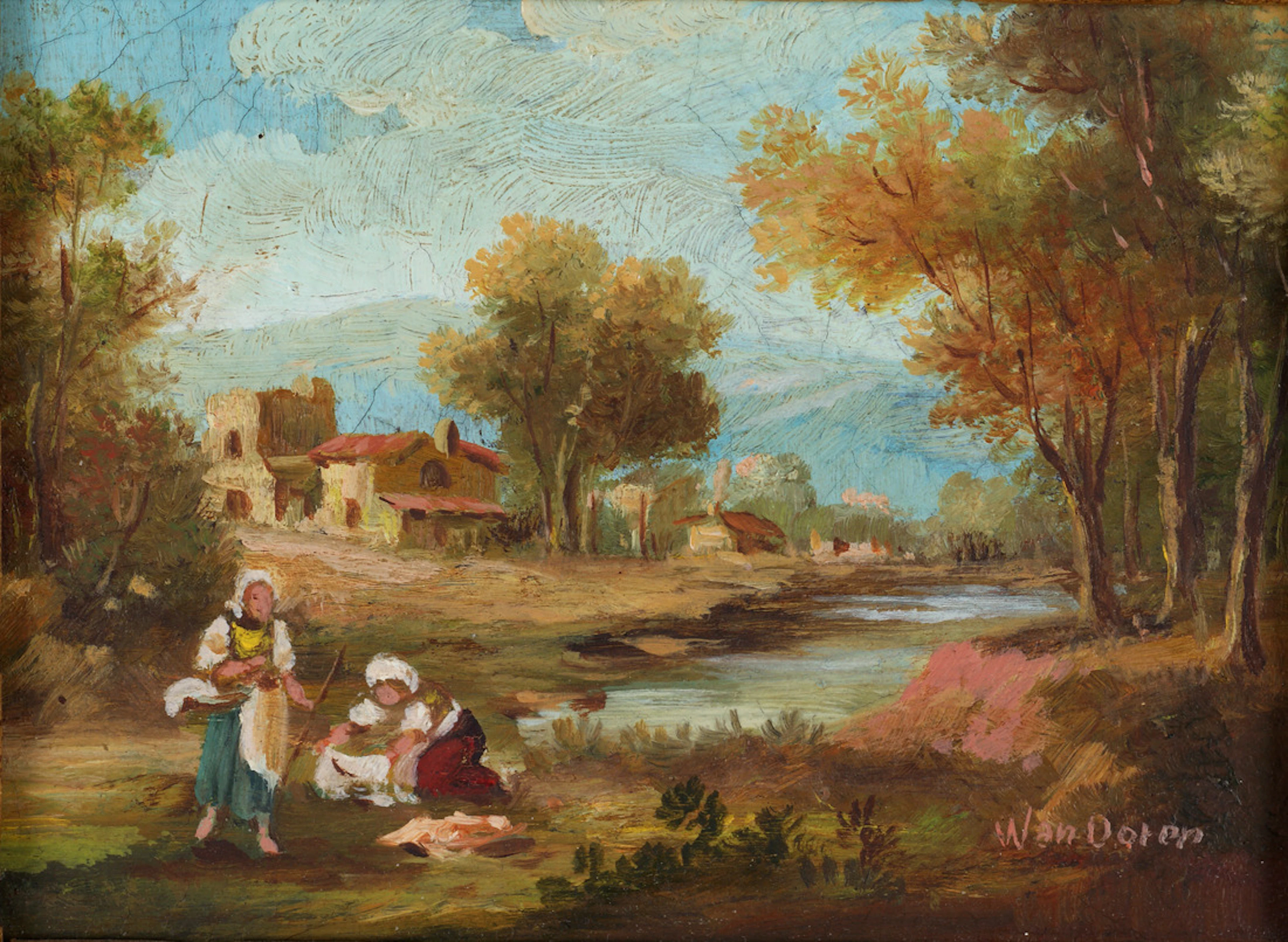 WAN DOREN. "KLEINES GEMÄLDE EINER ROMANTISCHEN LANDSCHAFT". Signiert Wan Doren, ca. 1950.