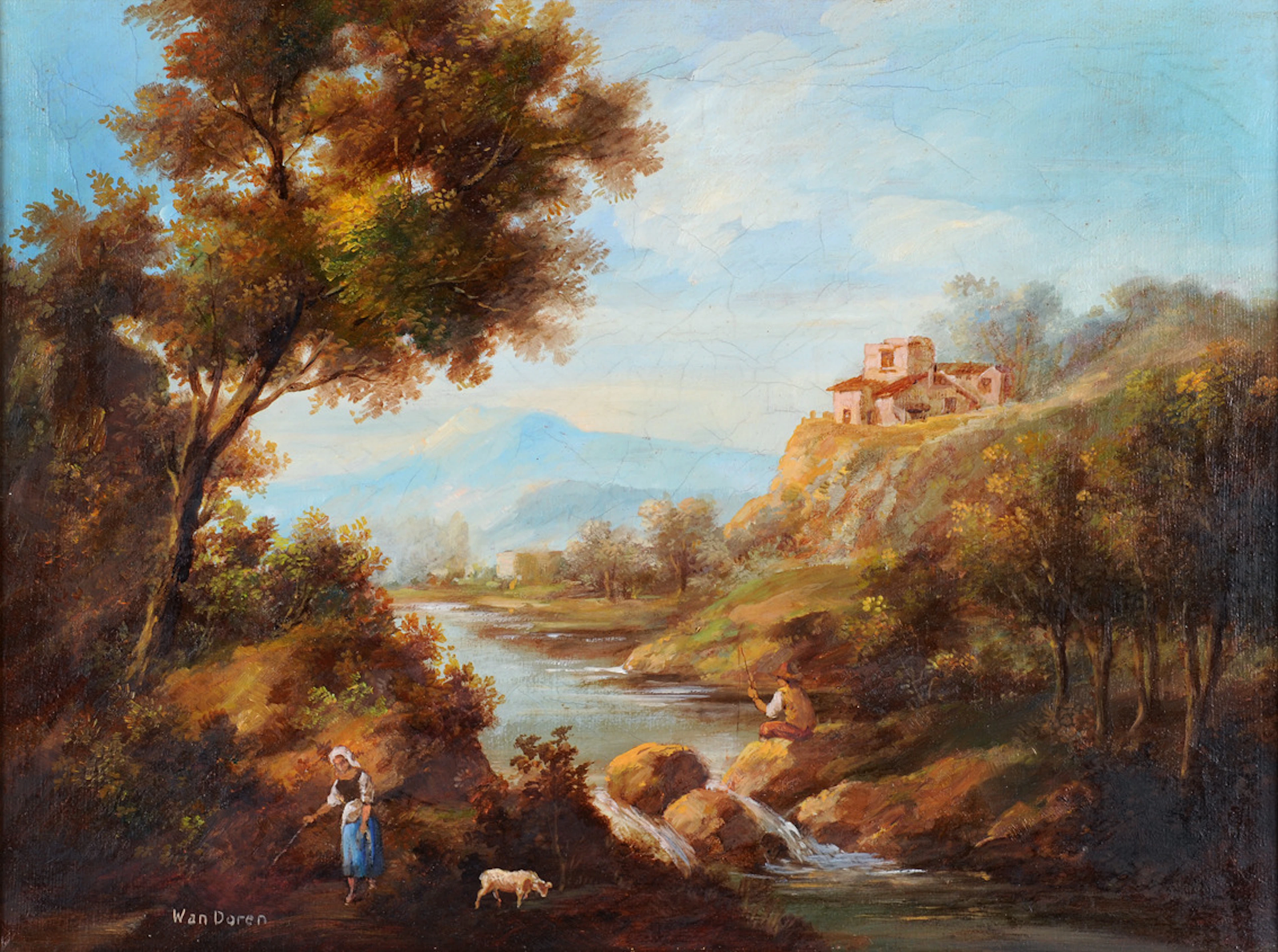 WAN DOREN. IDEALISIERTE ROMANTISCHE LANDSCHAFT MIT JUNGER FAMILIE. Signiert, gerahmt.