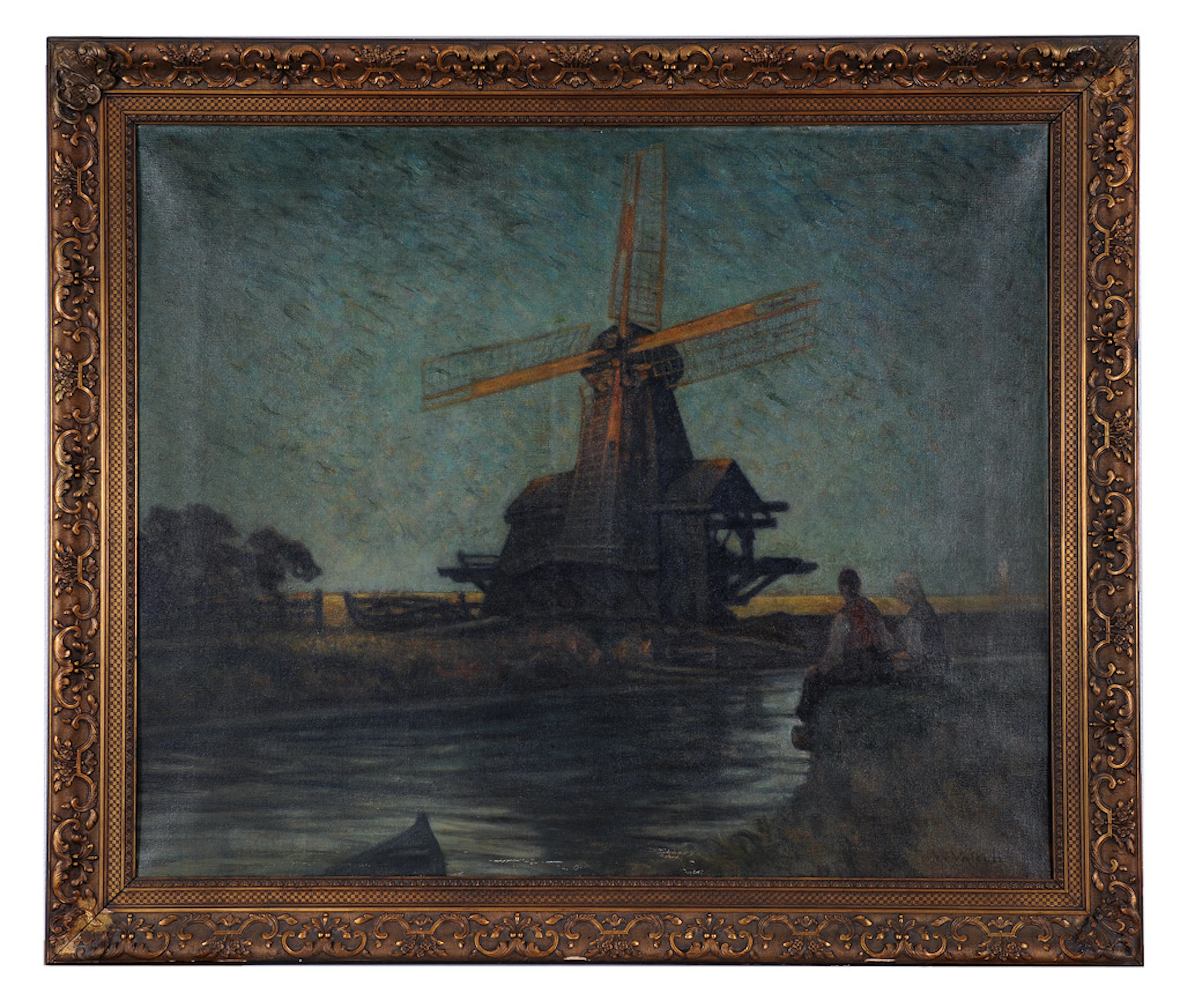 V. VALENTINI. Großformatiges Ölgemälde, Niederländische Landschaft mit Windmühle & Personen.