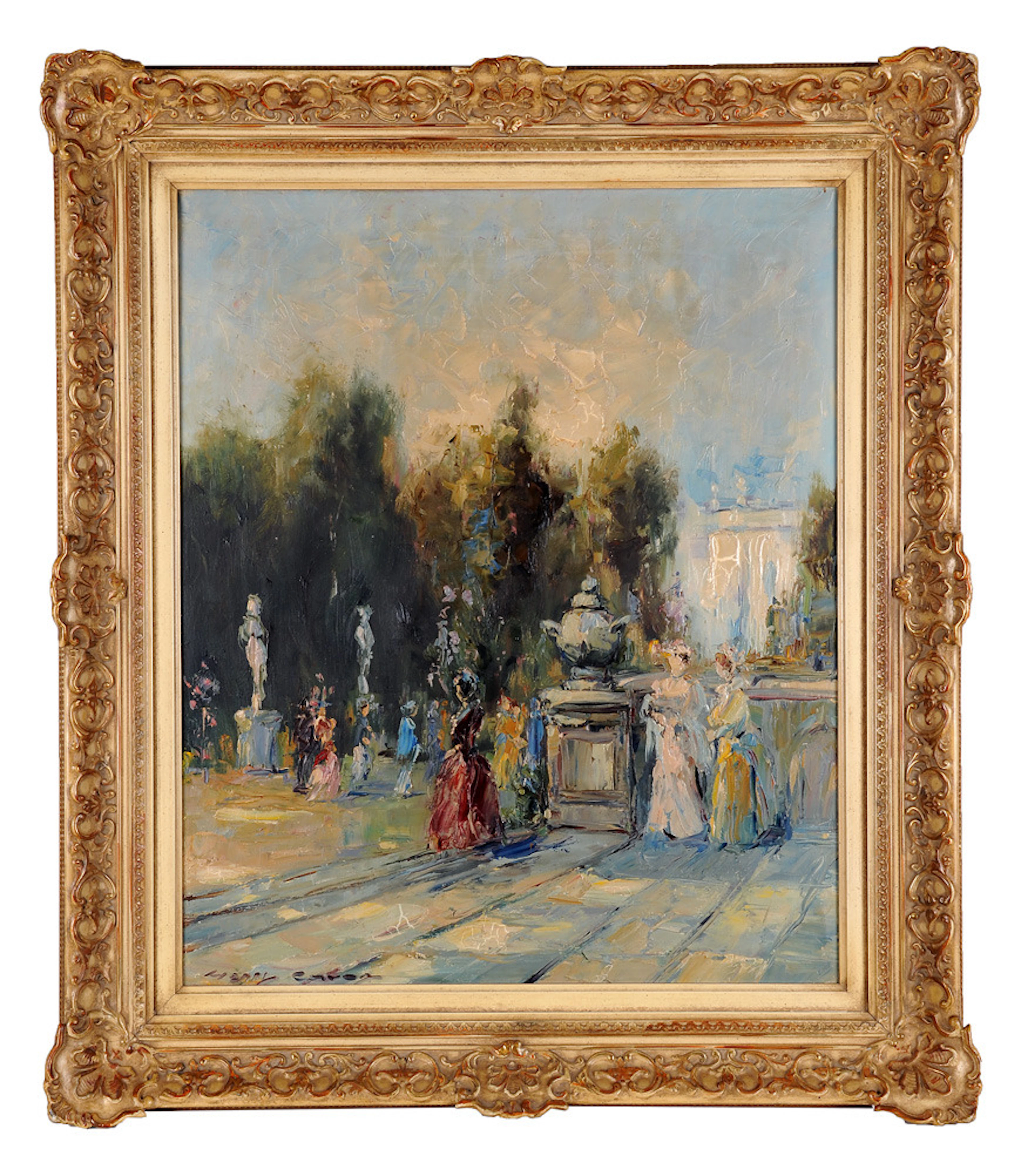 HENRY CARON. Signiert, belebte impressionistische Szene mit Damen in einem französischem Park.