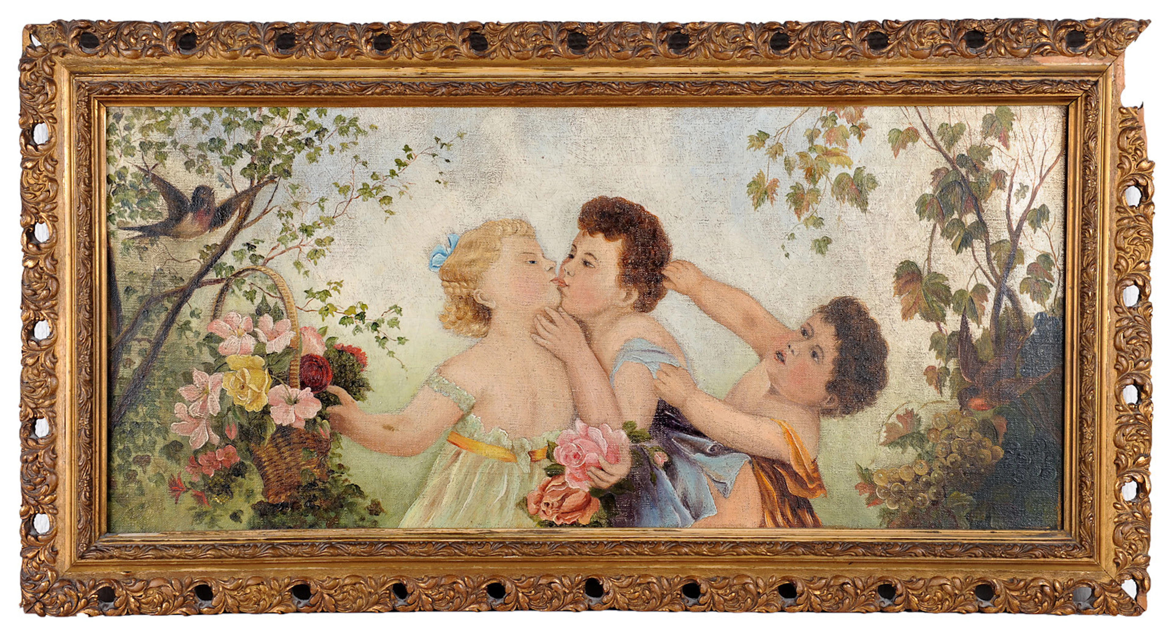 ALLEGORISCHES GEMÄLDE. Kinderreigen mit Blumen und Vögeln, Florentinerrahmen.