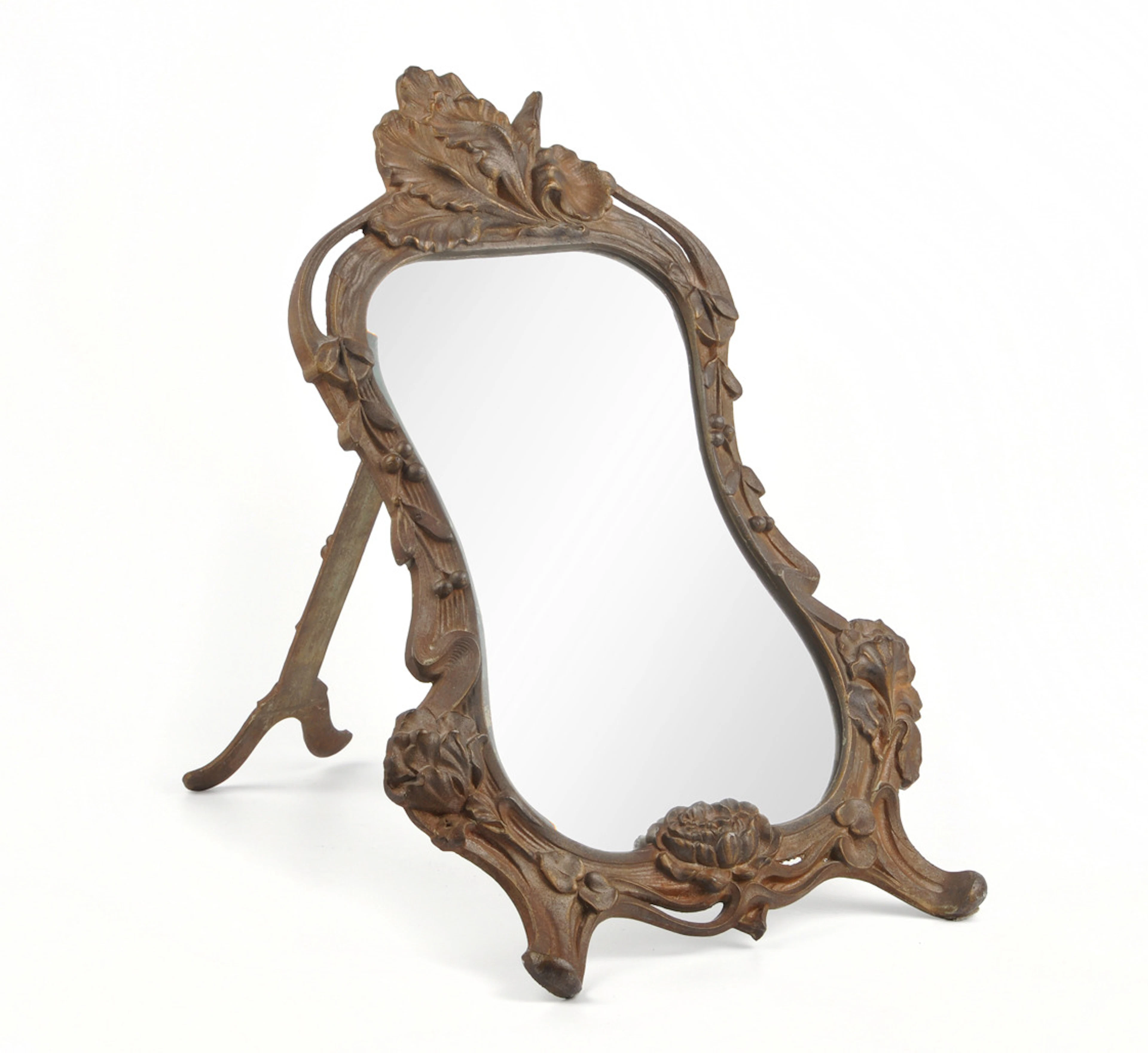 TISCHSPIEGEL, FRISIERSPIEGEL. Metallguß, Spiegelglas Facettenschliff, Jugendstil.
