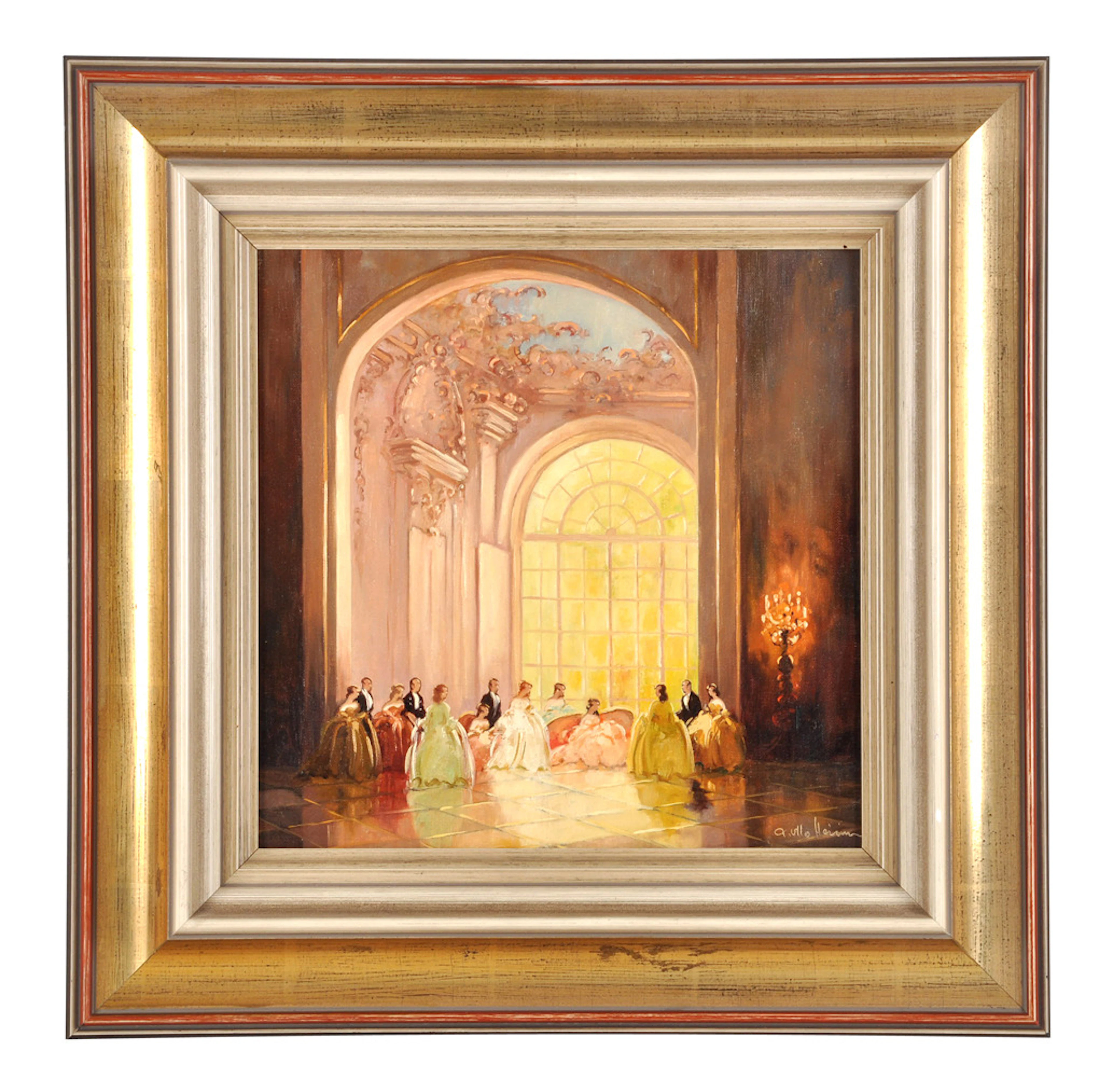 PETER OTTO HEIM. "Scene in Nymphenburg". Galante Damengesellschaft im Saal.