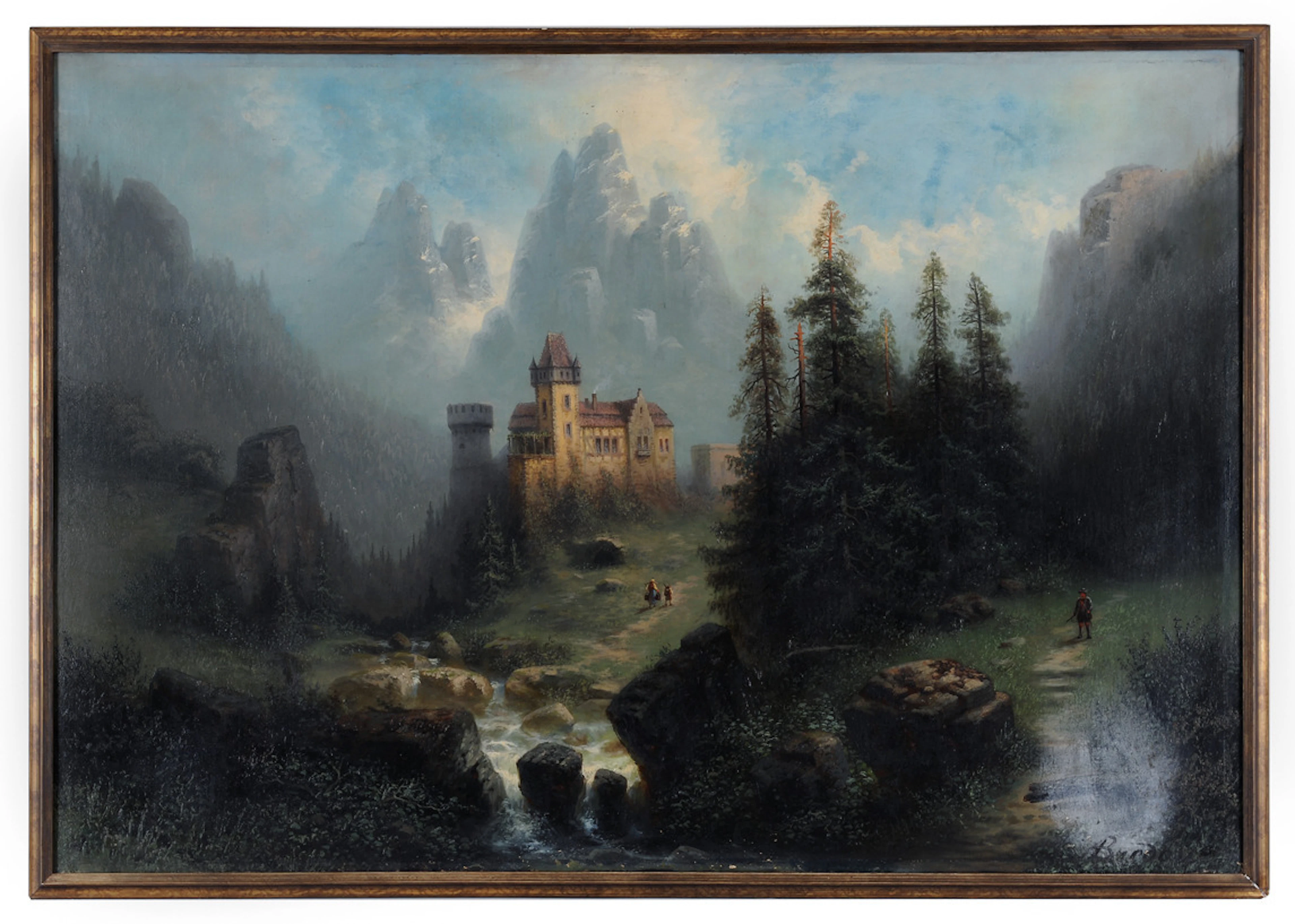 ALBERT BREDOW. Panorama-Gemälde der Romantik. Schloß mit Bachlauf & Tannen vor Gebirgsmassiv.