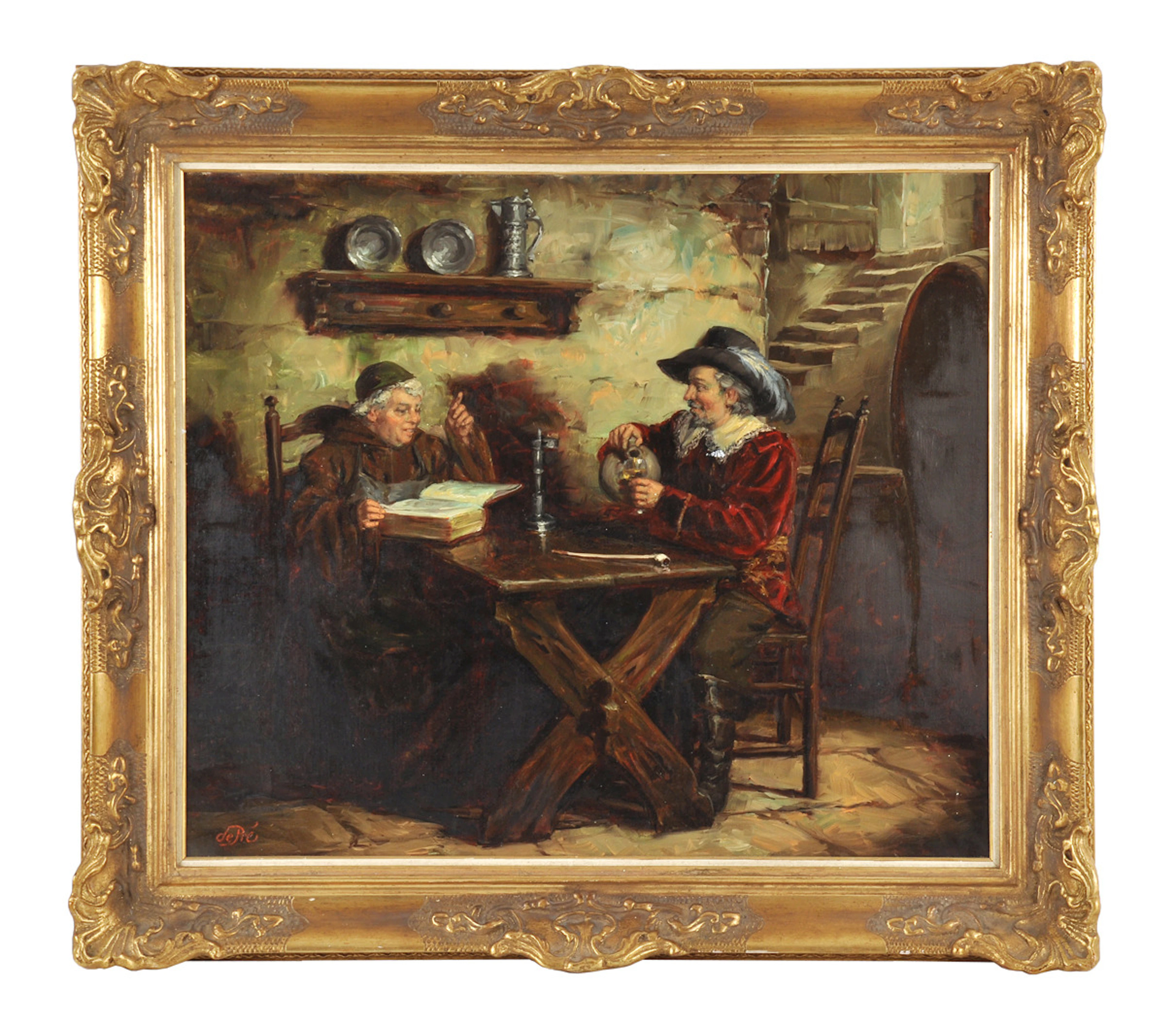 WILLI DEPRE. Genreszene. Mönche und Edelmann im Weinkeller.