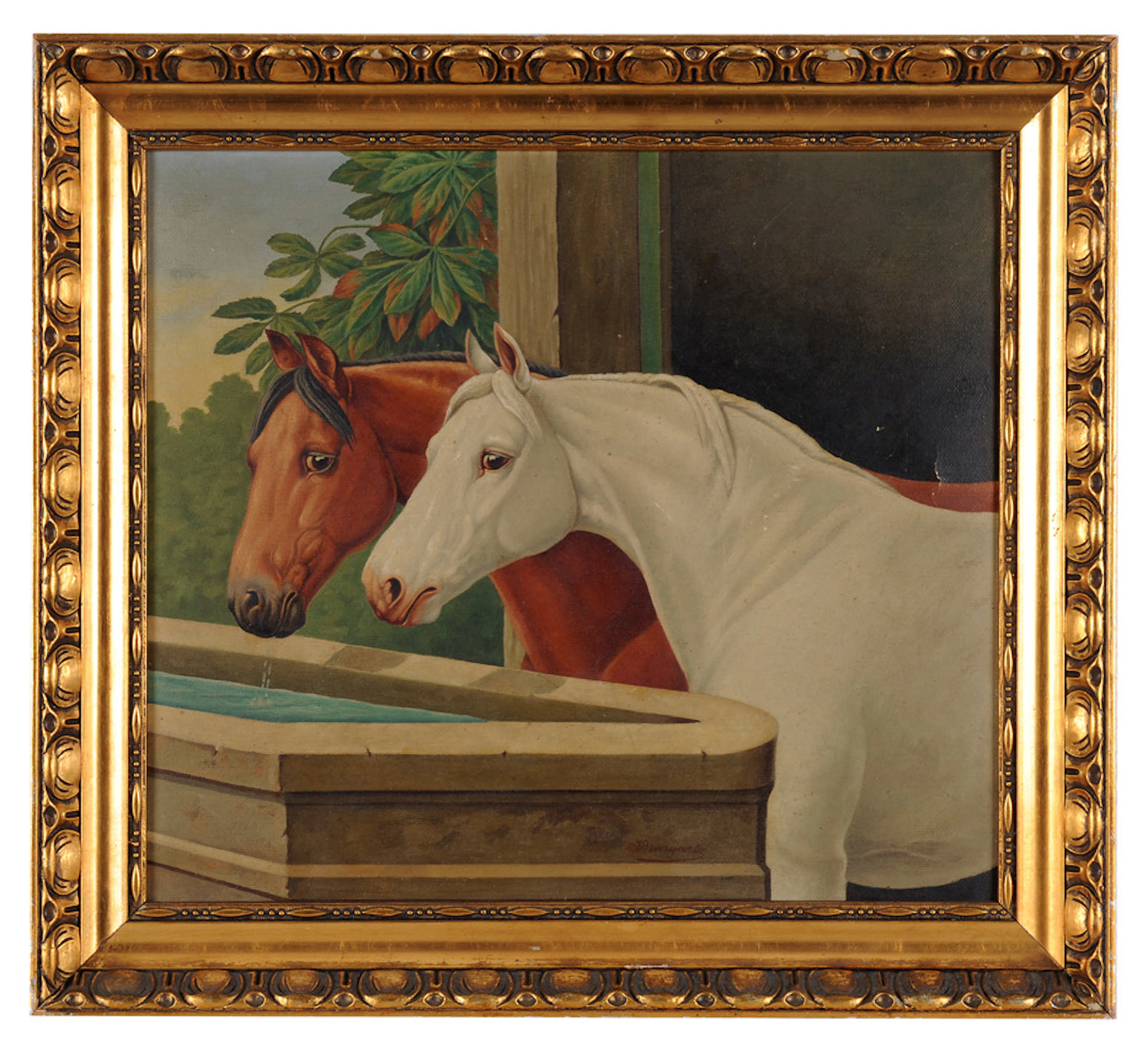 IDEALISIERTE PFERDE AN DER TRÄNKE. Gemälde in Jugendstil-Manier, signiert J. Bungartz.