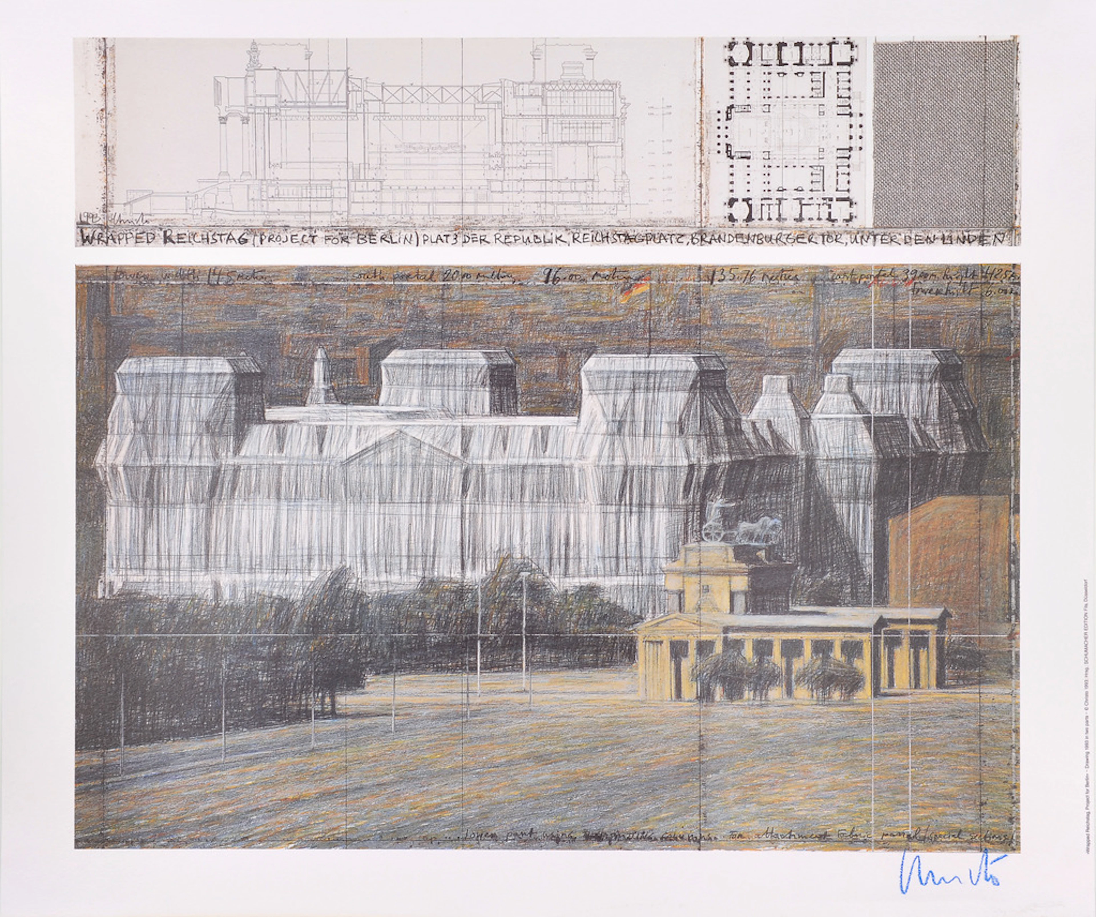 CHRISTO. Wrapped Reichstag, Project for Berlin. Drawing in 2 parts 1993.