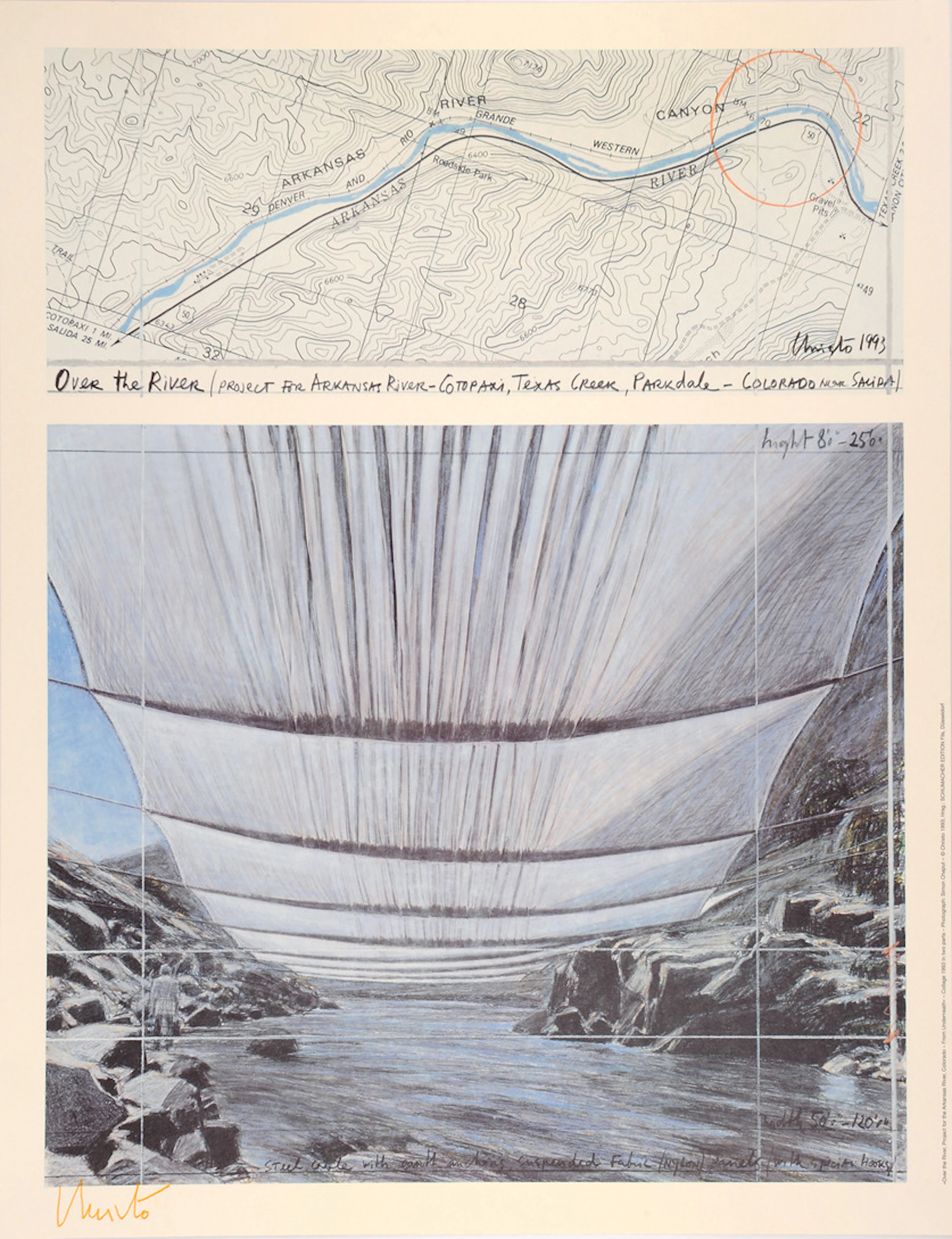 CHRISTO. Over the River, Project for the Arkansas River, Colorado - From Underneath. Collage in in two parts, 1993.