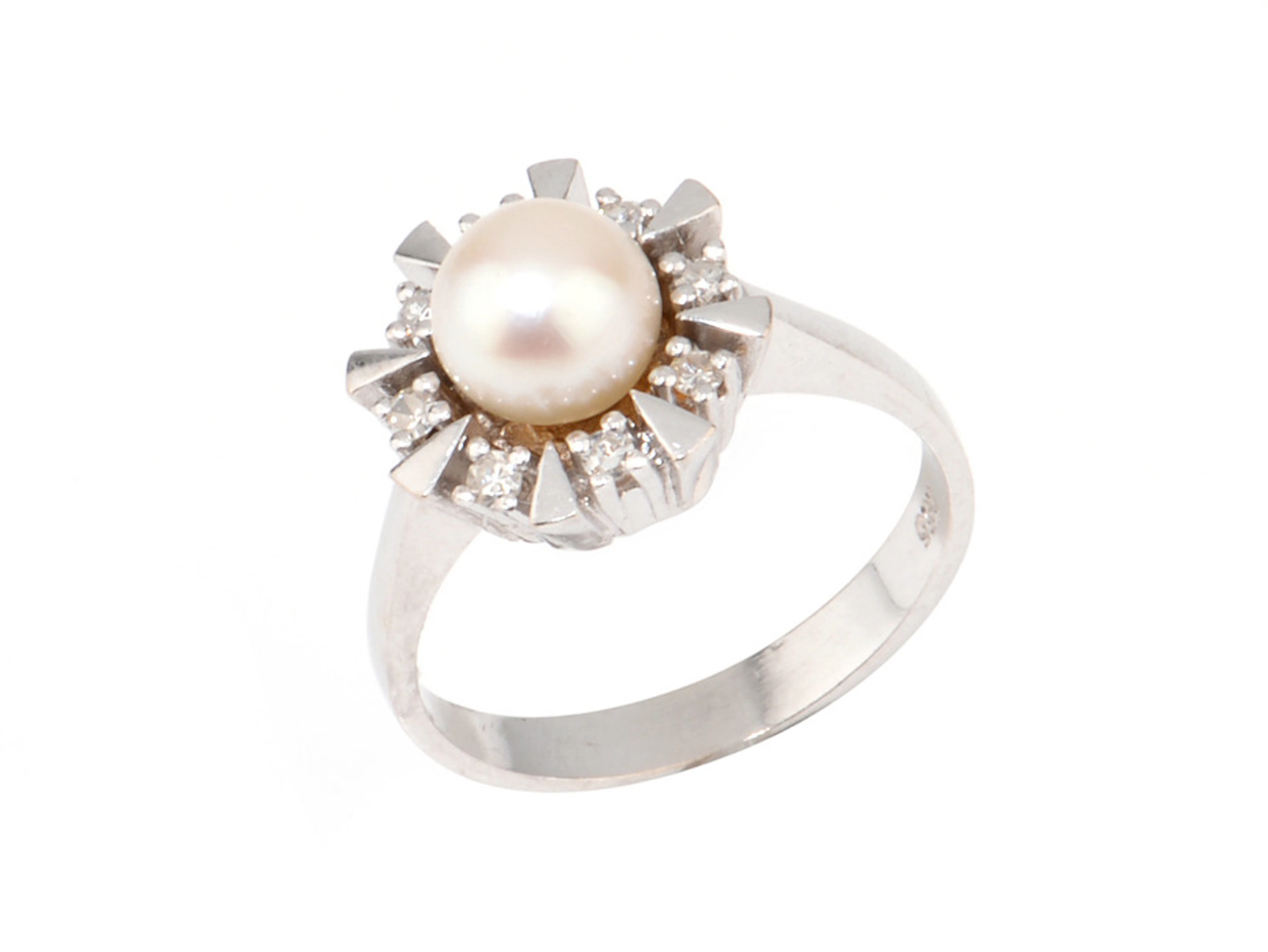 PERLENRING. Zuchtperle, 8 Diamanten ca. 0,15 ct, 585er Weißgold ca. 4,2 g.