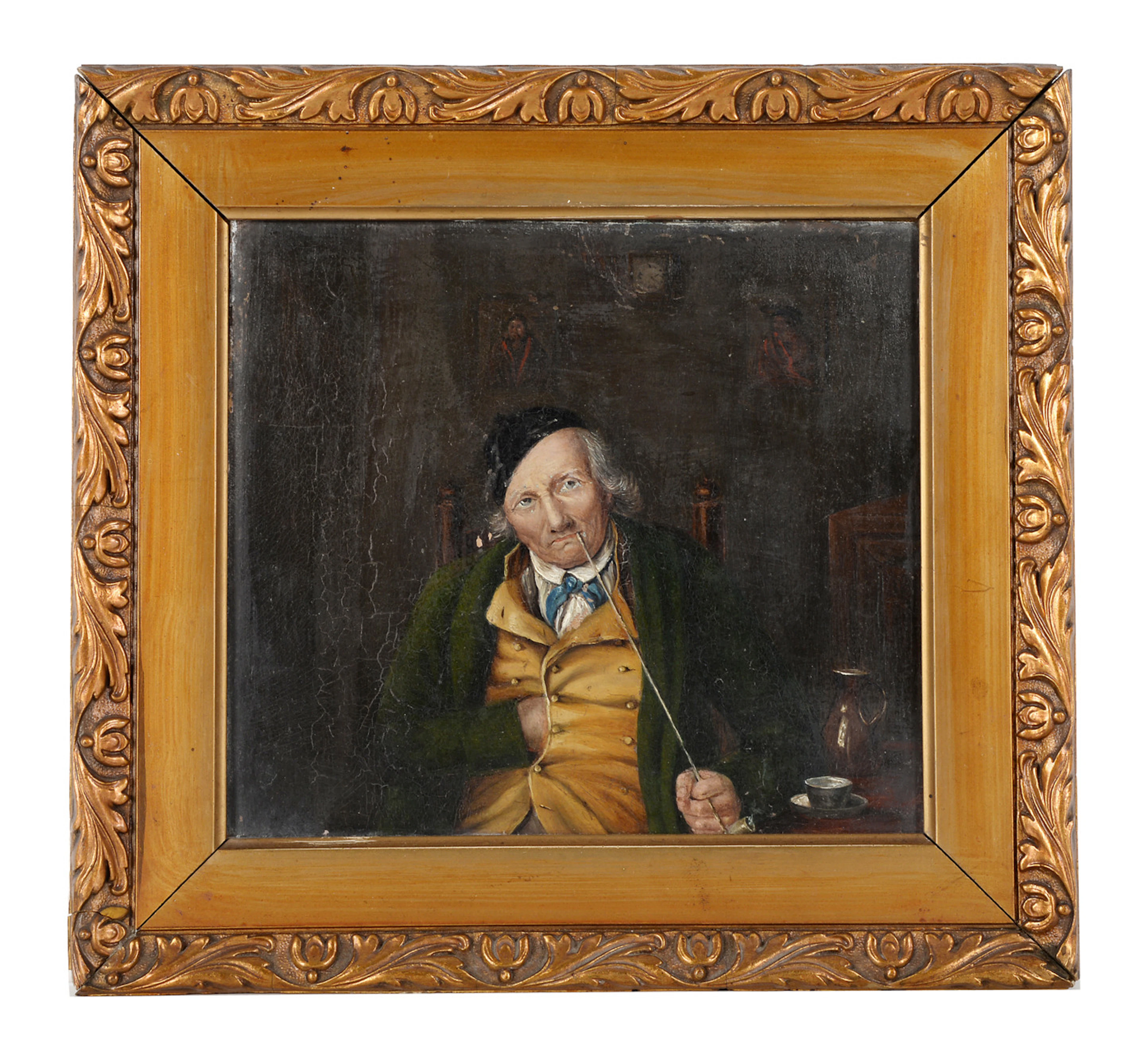 INTERIEUR MIT PFEIFENRAUCHER. Pfeifenraucher in barocker Stube mit Gemälden und Wanduhr.