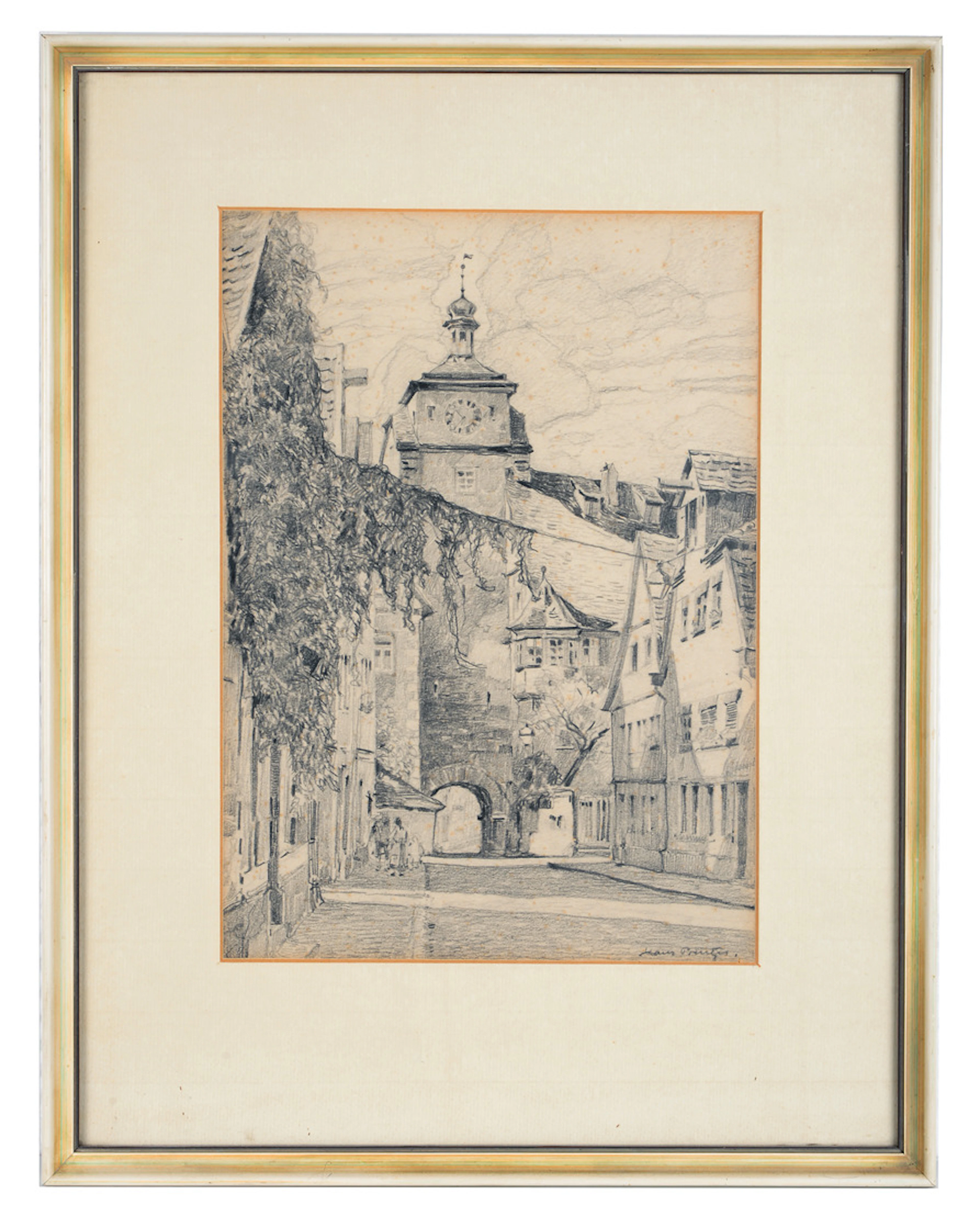 HANS PRENTZEL. Graphit- / Kohlezeichnung. Das historische Rathaus mit Turmuhr in Eisenach, Thüringen (wohl).