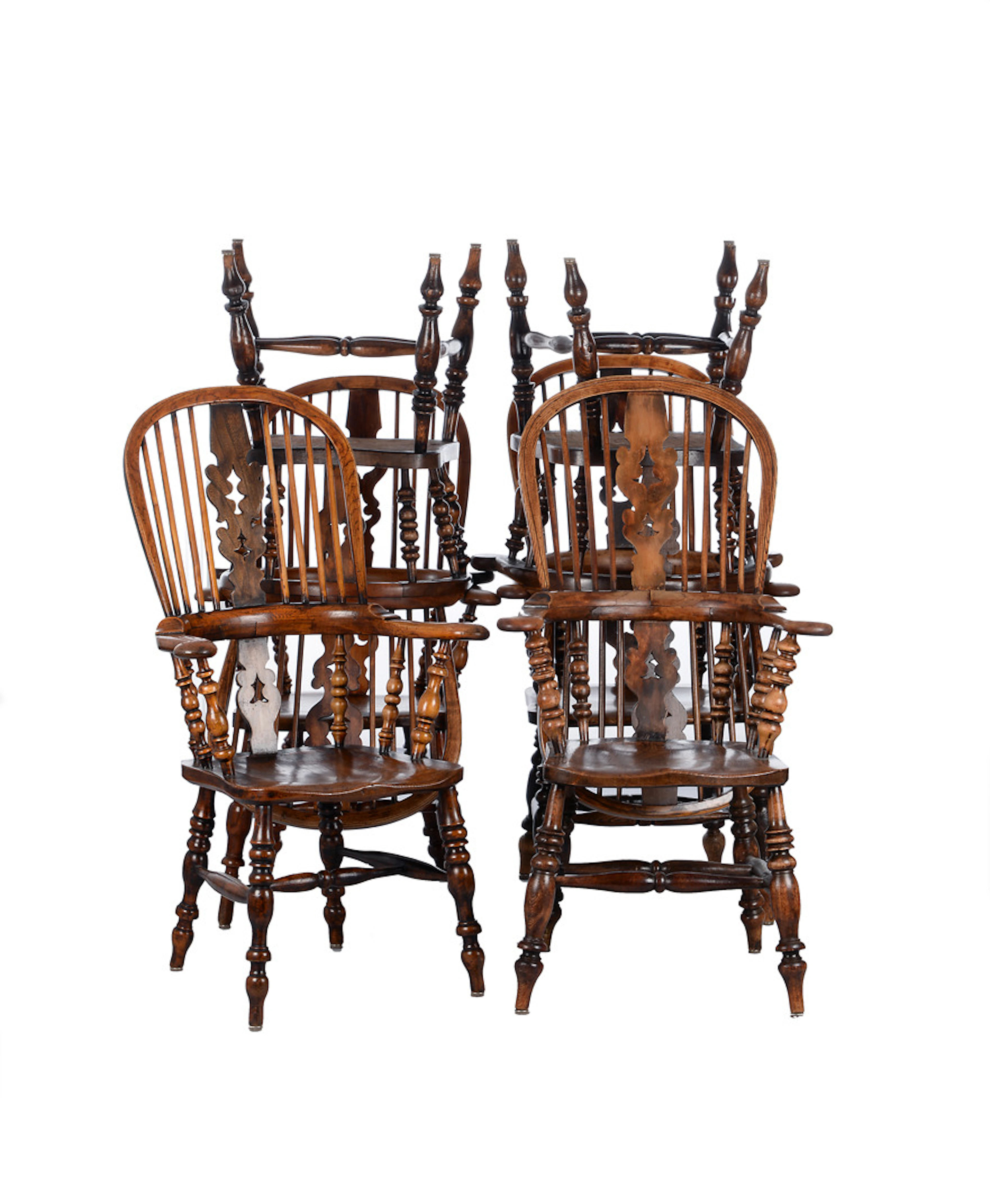 6 WINDSOR-STÜHLE, Armlehner, Drechselarbeit. Landhaus-Stil, country chair.