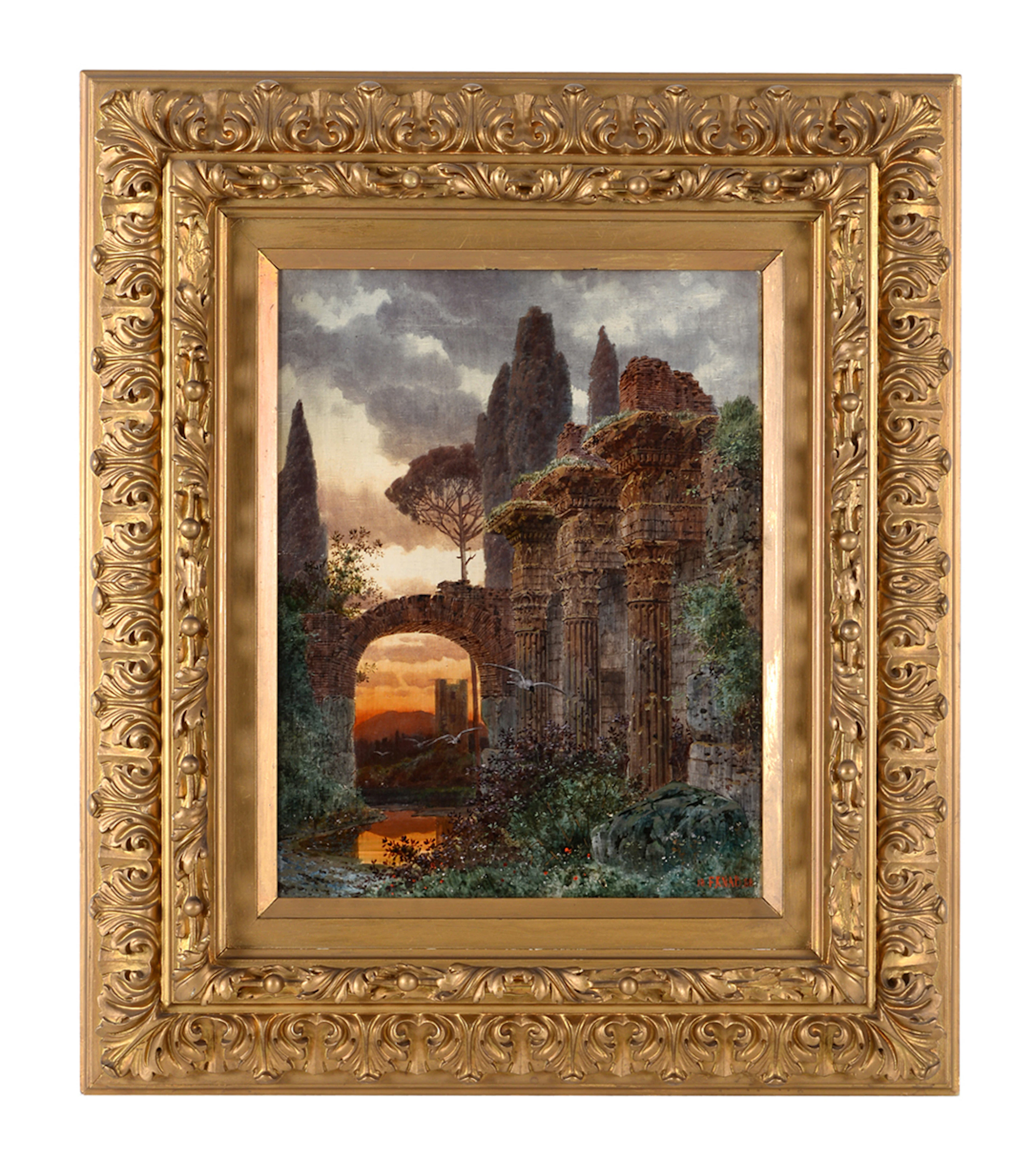 FERDINAND KNAB. Ruinenlandschaft mit Vögeln, den Torbogen durchquerend, im Sonnenuntergang.