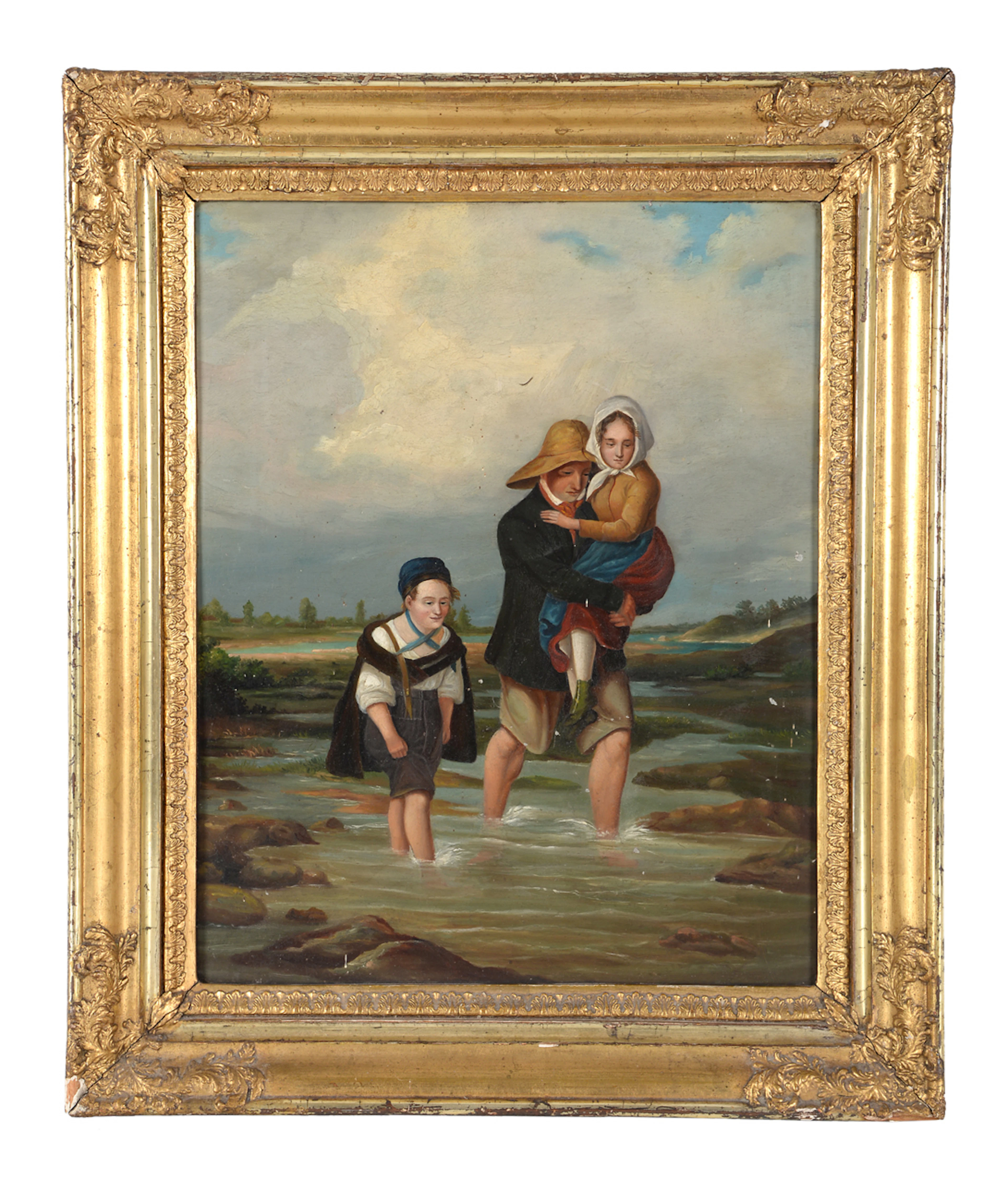 UNBEKANNTER KÜNSTLER. Biedermeier-Gemälde. Niederländische Landschaft, Pilgerfamilie durchquert einen Fluß.