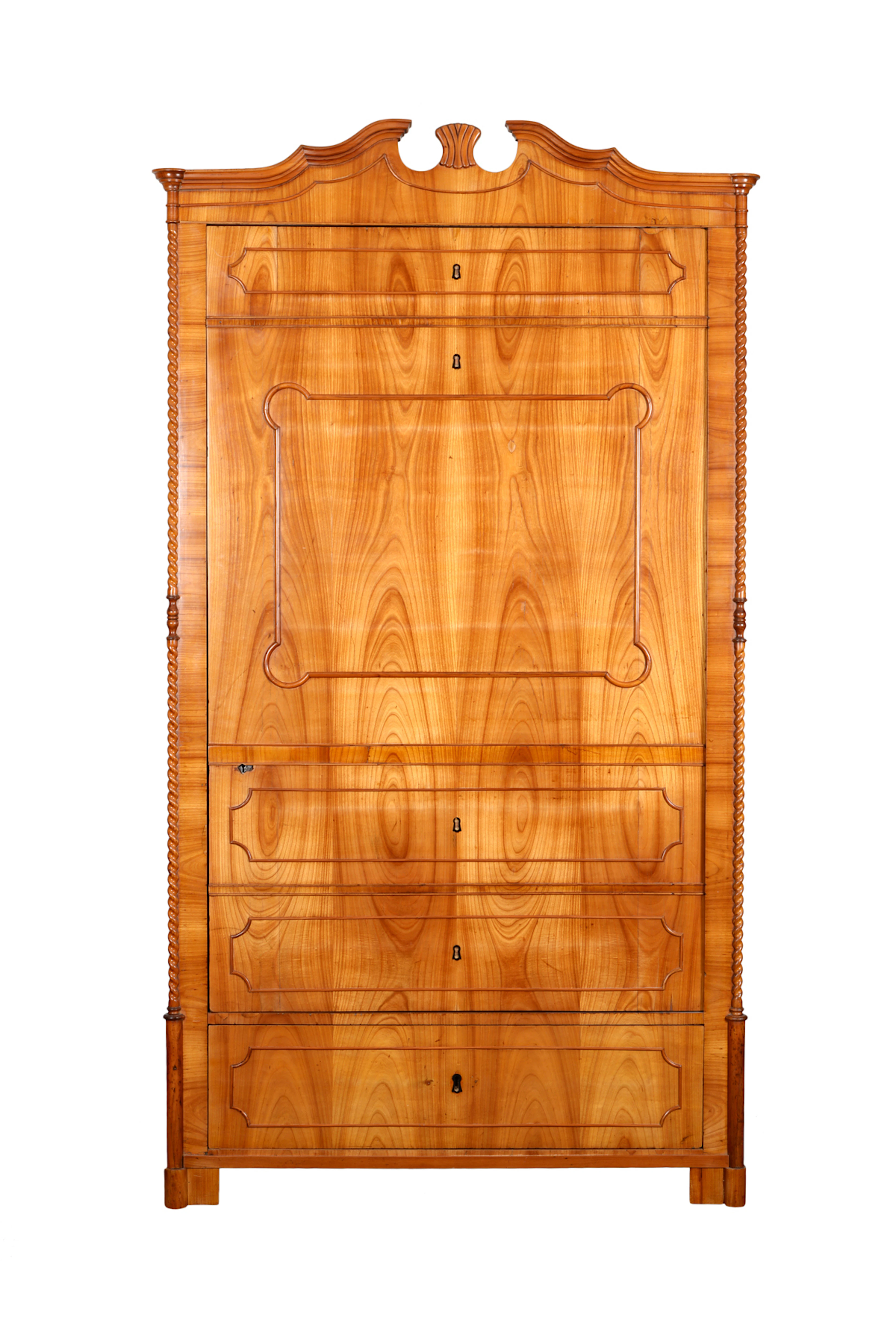 KLEIDERSCHRANK BIEDERMEIER, 1-türiger Blenderschrank, Zopfsäulen & geteilte Krone, um 1850, Esche hell.