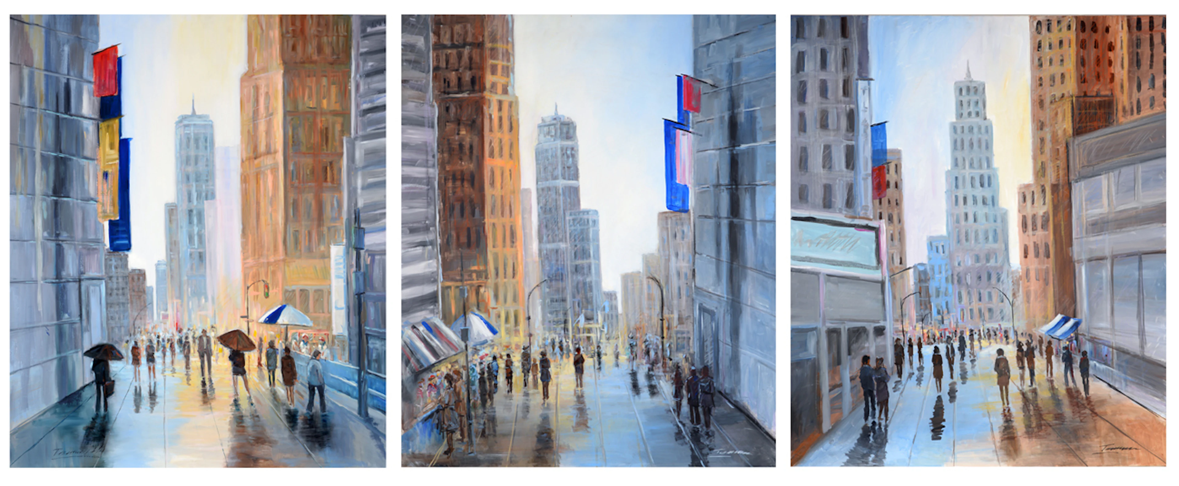 UNBEKANNTER KÜNSTLER. Modernes Triptychon. Belebte Gassen mit Blick auf ein zentrales Gebäude.