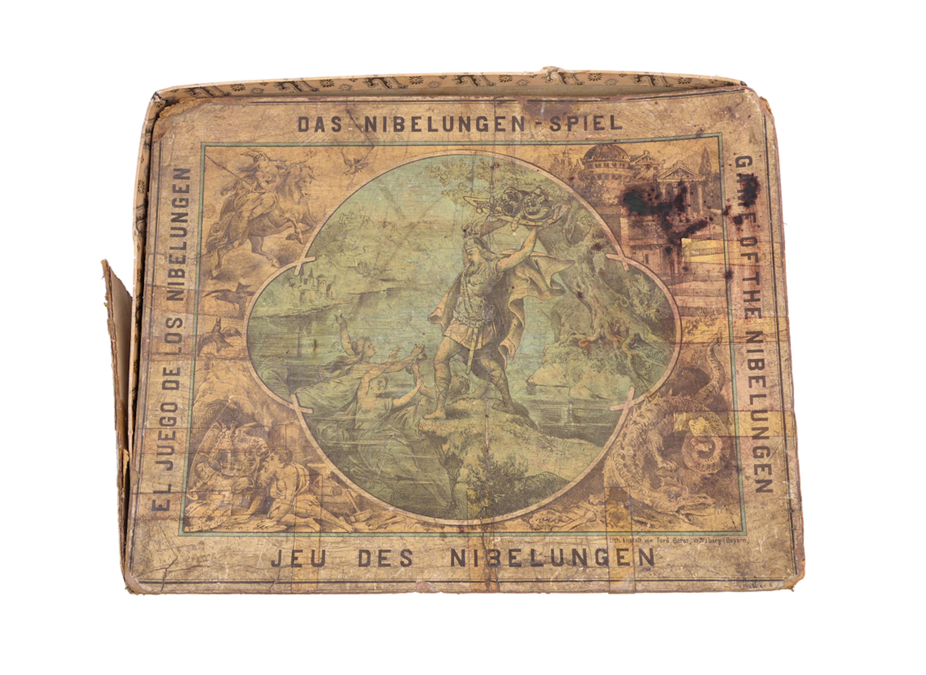 DAS NIBELUNGEN-SPIEL. Antike Zinnfiguren um 1900. Karton Ferd. Borst, Würzburg.