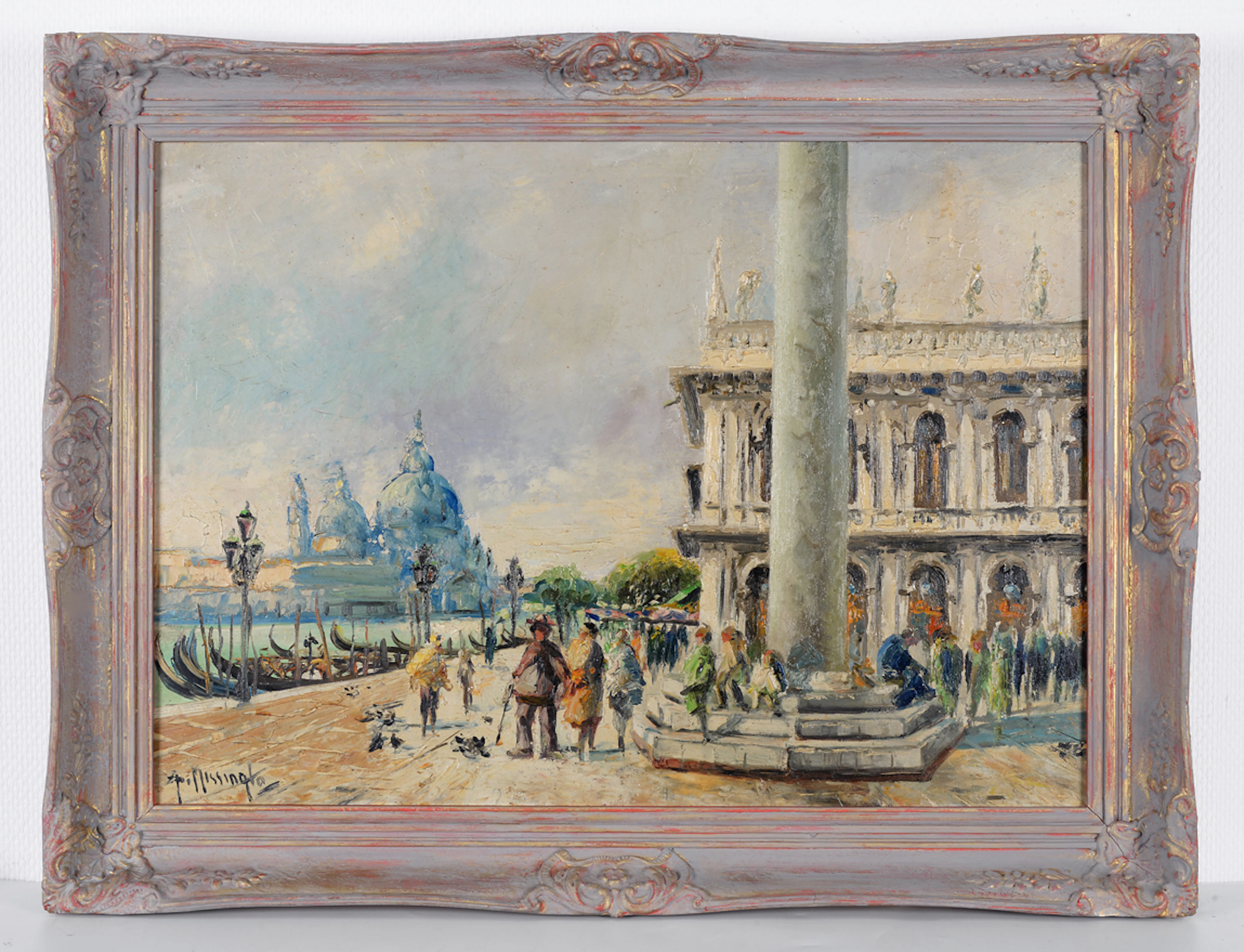 A. MISSINATO. Belebte venezianische Passage mit Blick auf Santa Maria della Salute.