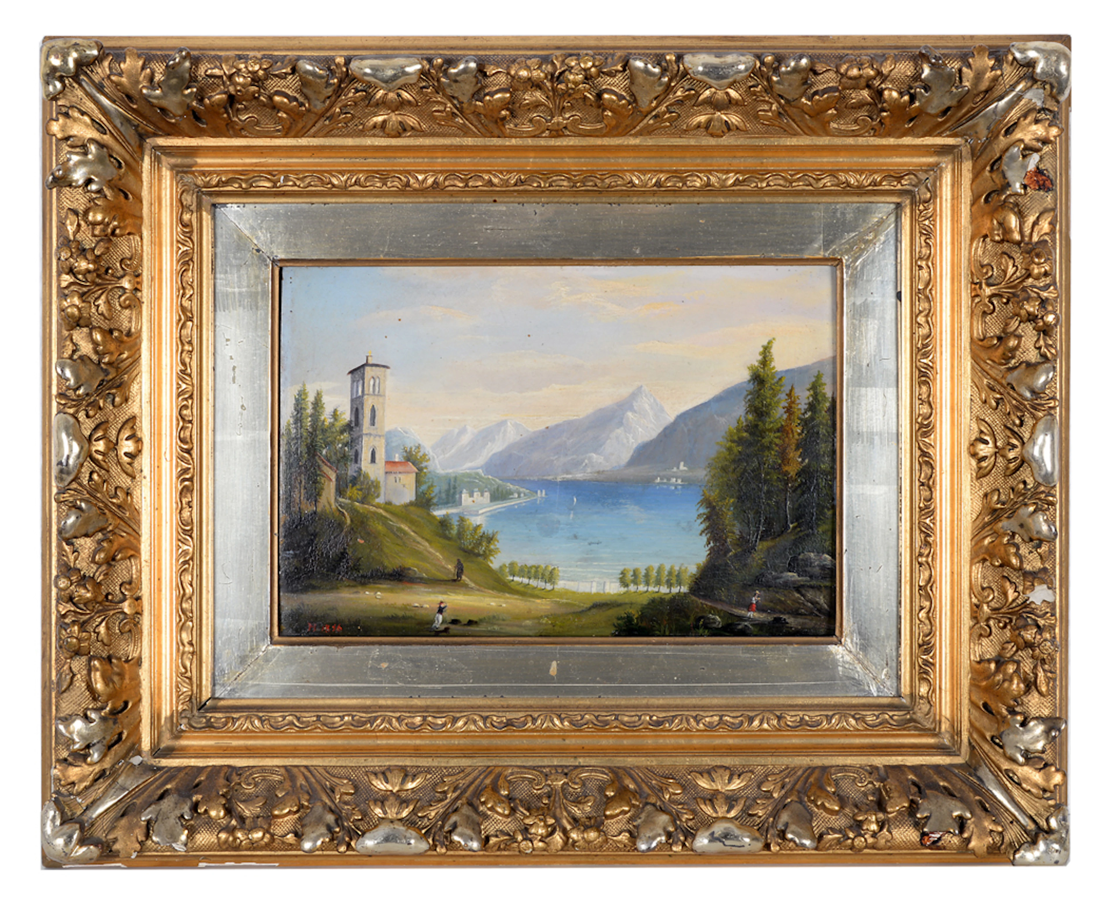 UNBEKANNTER KÜNSTLER. Gebirgssee mit Kapelle und flanierenden Personen. Biedermeier-Gemälde.
